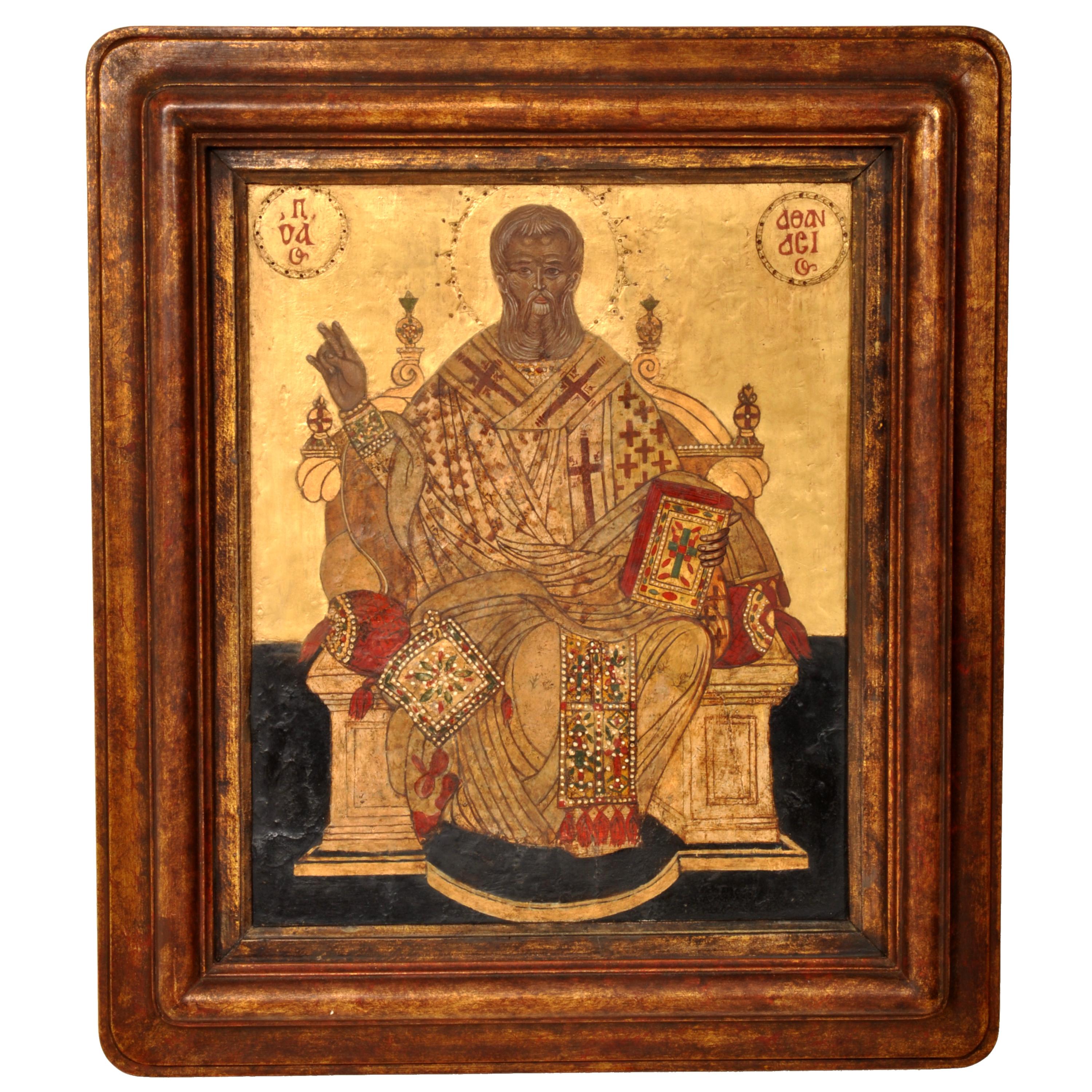 Unknown Figurative Painting - Antique Greek Orthodox 17thCentury Icon Gilded Egg Tempera Saint Athanasios 1650