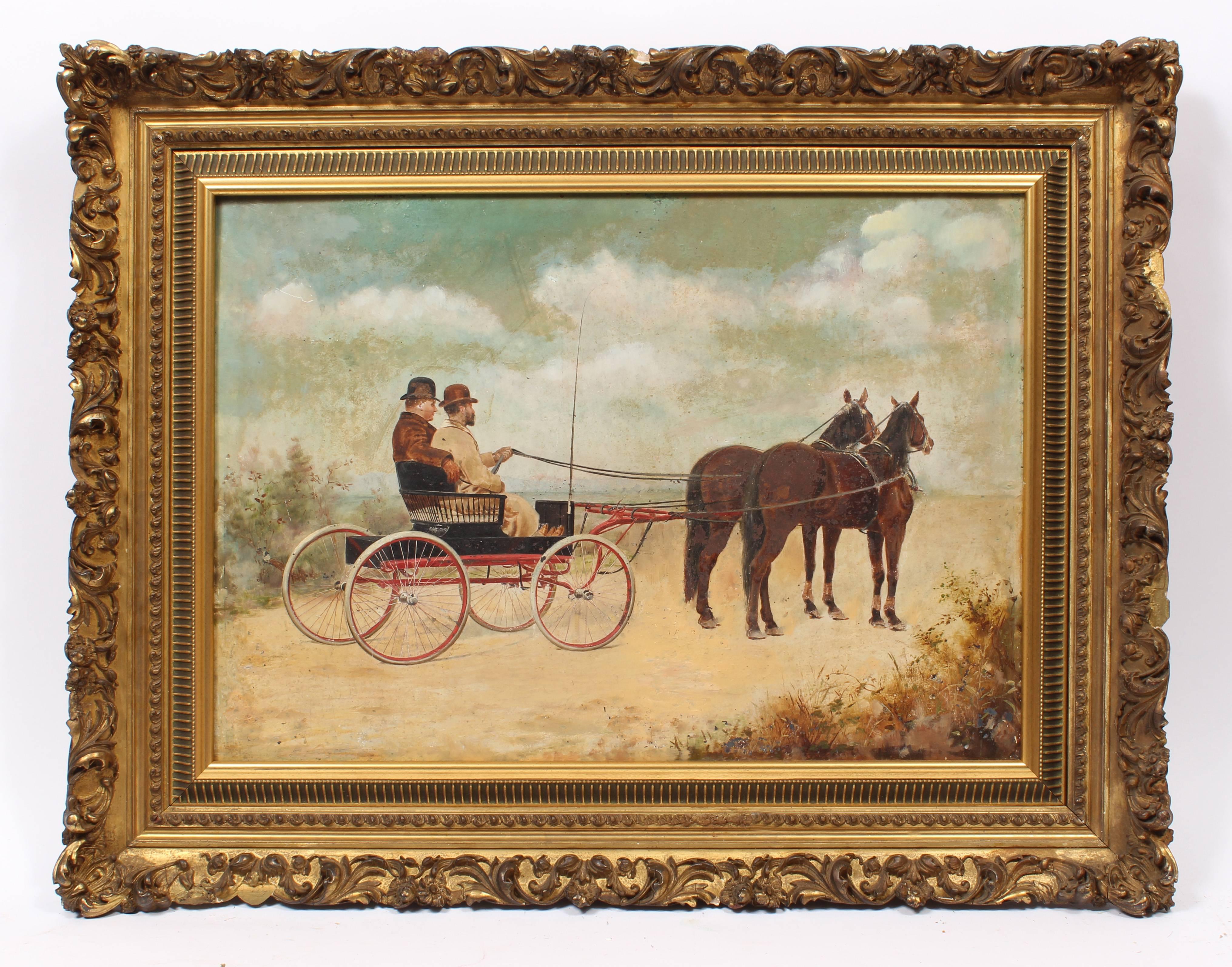 Unknown Animal Painting - Antique Horse Cart Painting