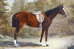 Antique Horse Portrait in Gilt Frame, French Horse Painting, Horse in Landscape