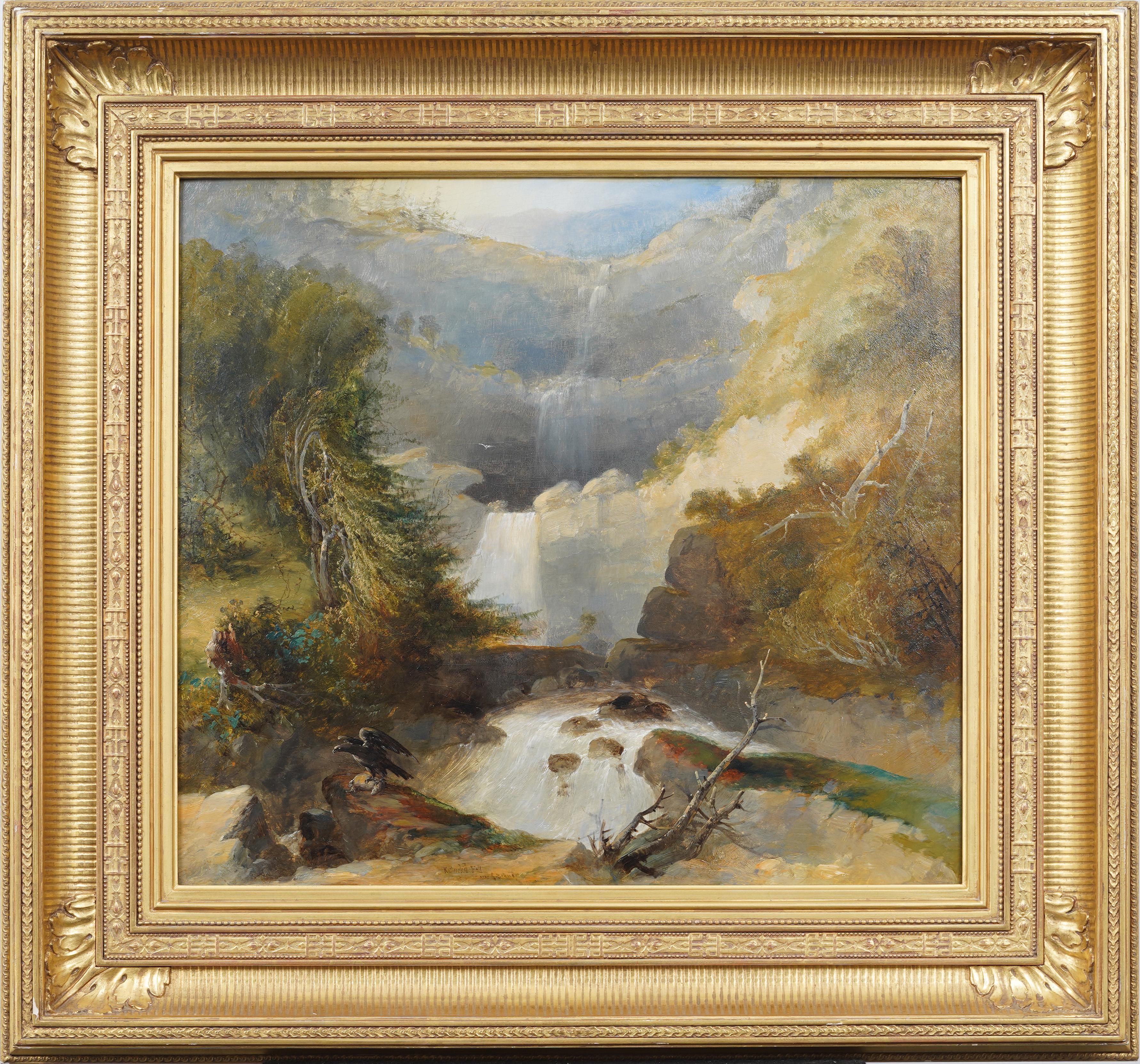 Peinture à l'huile ancienne de la Hudson River School Bald Eagle Kaaterskill Falls Landscape - Painting de Unknown