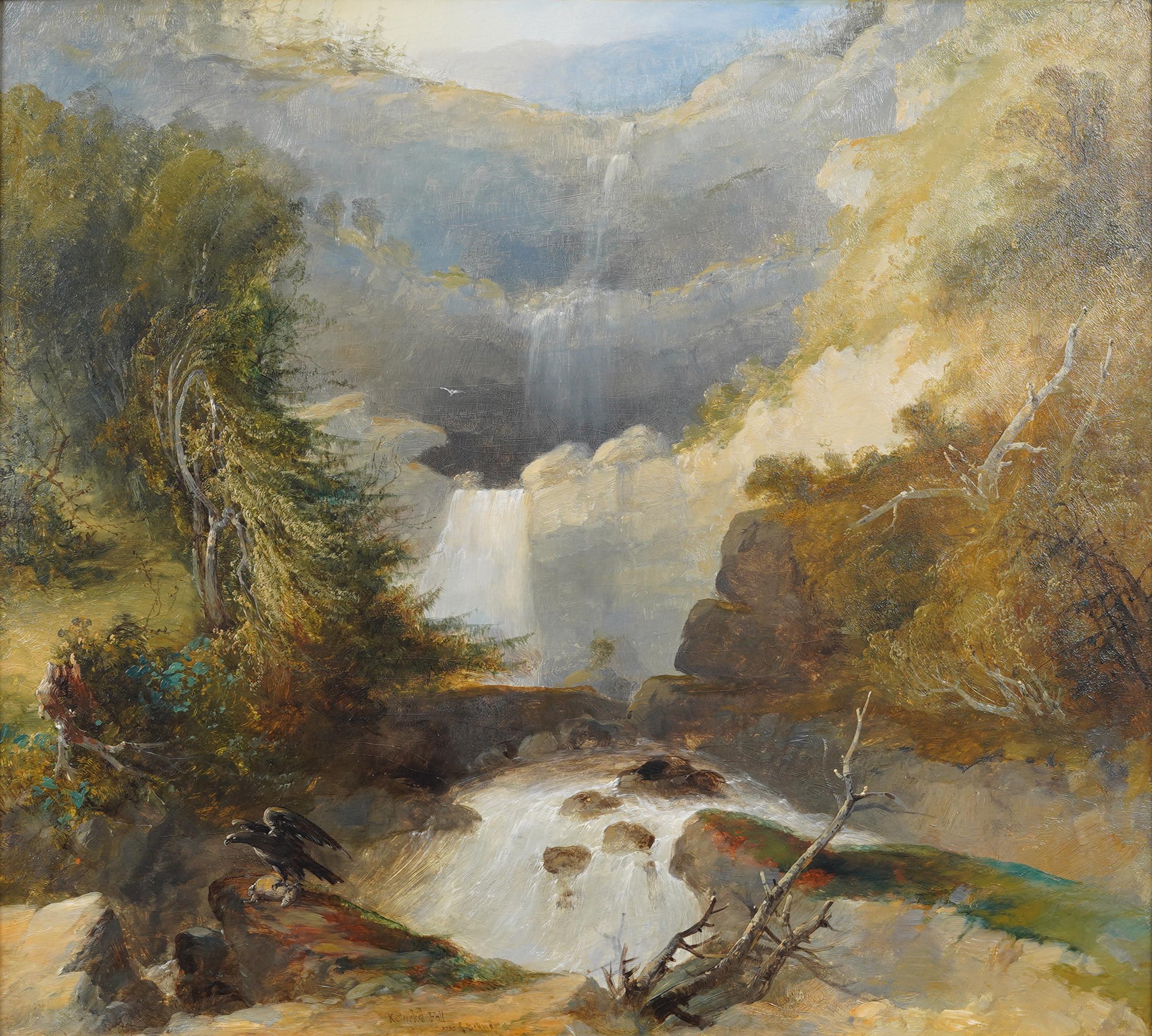 Peinture à l'huile ancienne de la Hudson River School Bald Eagle Kaaterskill Falls Landscape - Impressionnisme Painting par Unknown