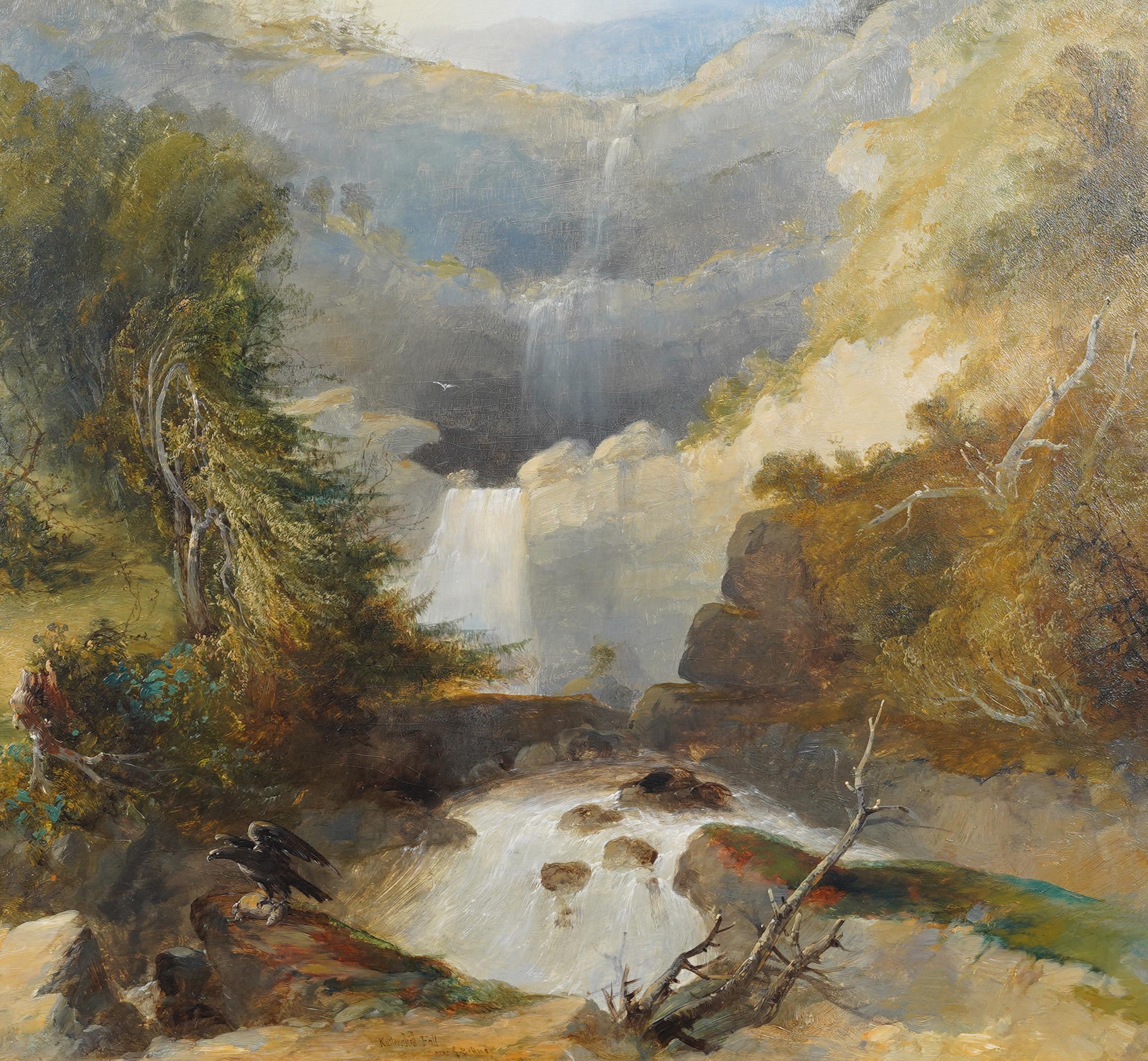 Peinture à l'huile ancienne de la Hudson River School Bald Eagle Kaaterskill Falls Landscape - Marron Landscape Painting par Unknown