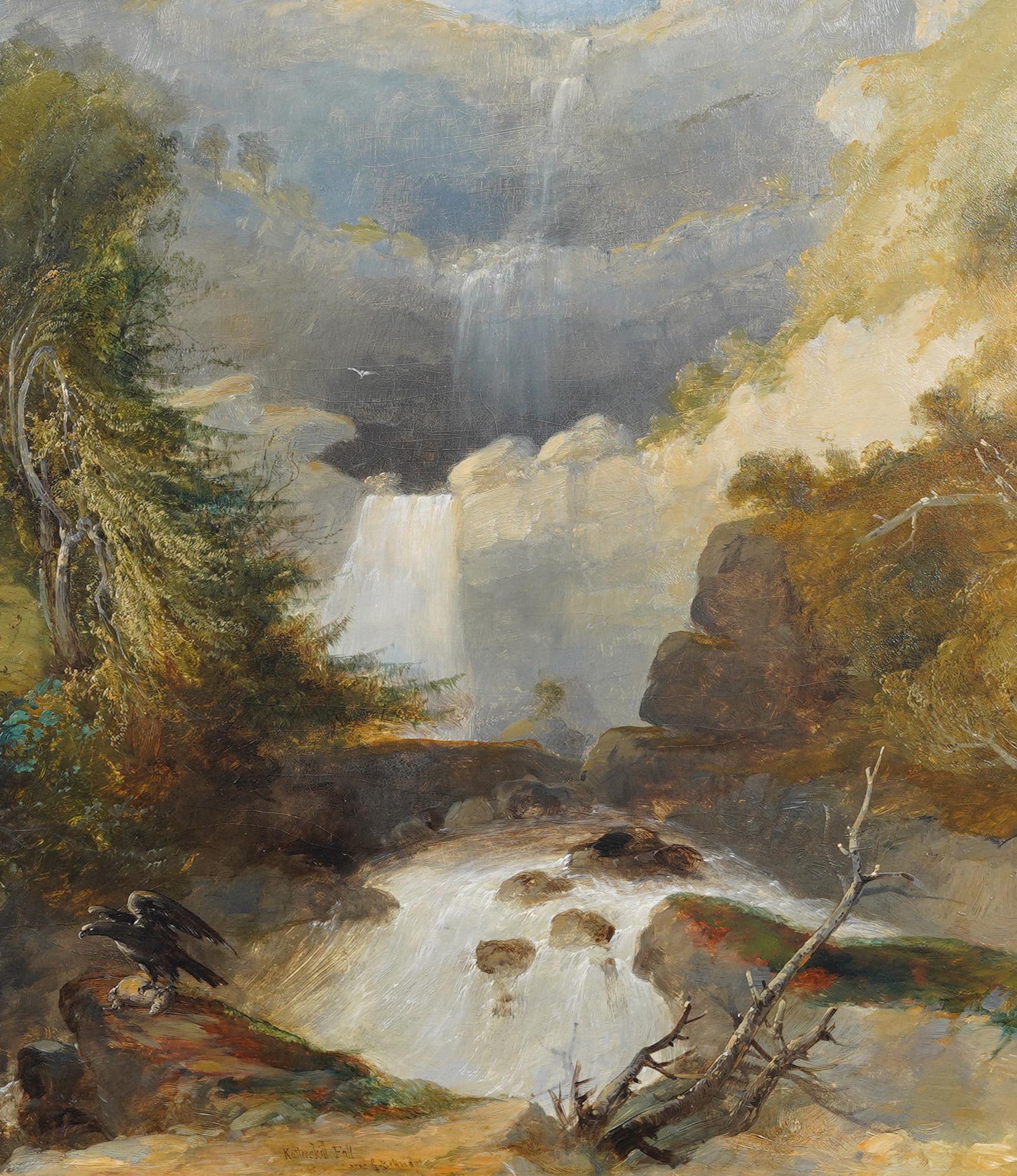 Peinture à l'huile ancienne de la Hudson River School Bald Eagle Kaaterskill Falls Landscape en vente 2