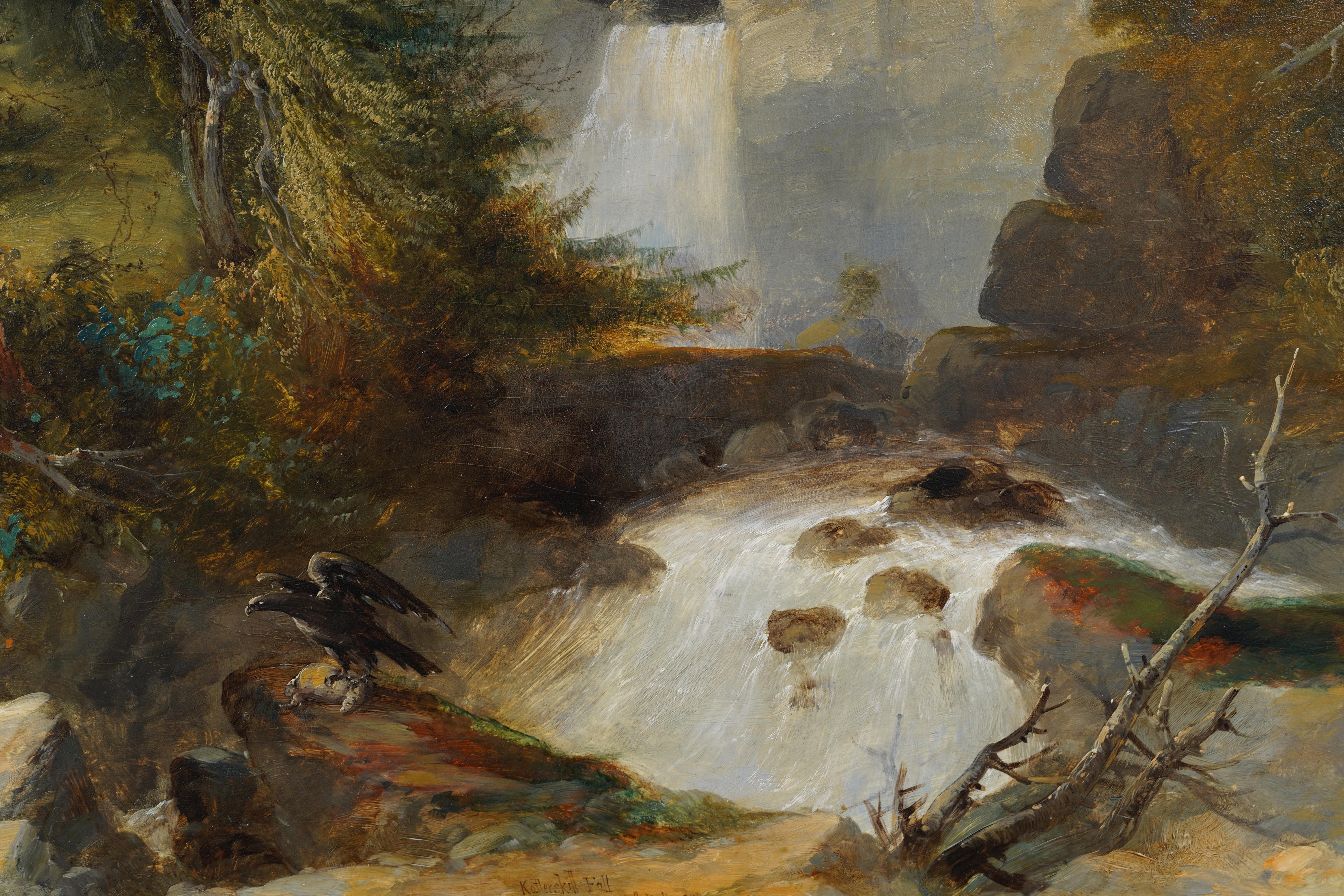 Peinture à l'huile ancienne de la Hudson River School Bald Eagle Kaaterskill Falls Landscape en vente 3
