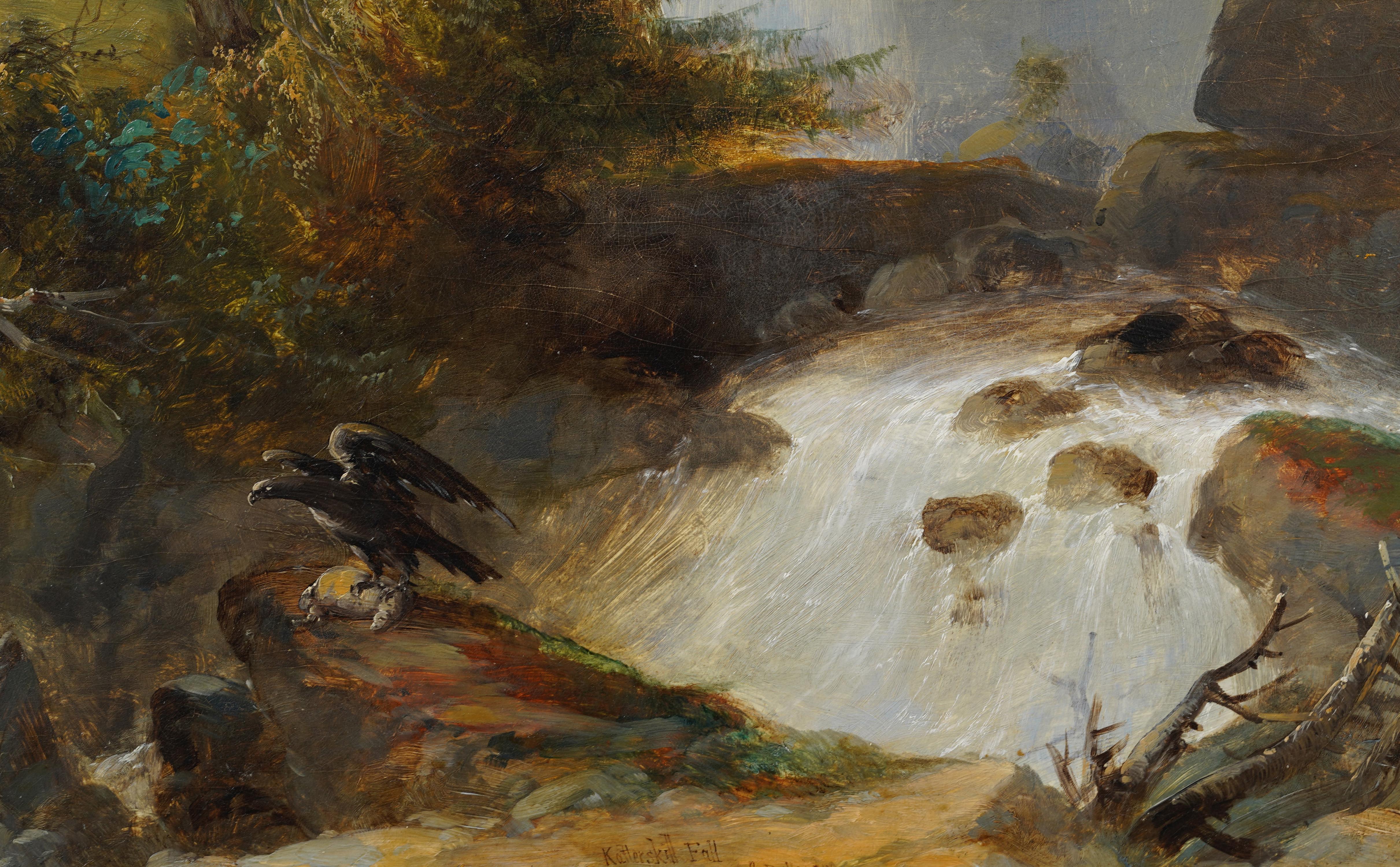 Peinture à l'huile ancienne de la Hudson River School Bald Eagle Kaaterskill Falls Landscape en vente 4