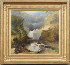 Peinture à l'huile ancienne de la Hudson River School Bald Eagle Kaaterskill Falls Landscape