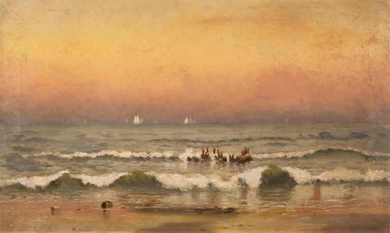 Antique Hudson River School East Hampton Beach Sunset Landscape Oil Painting 1