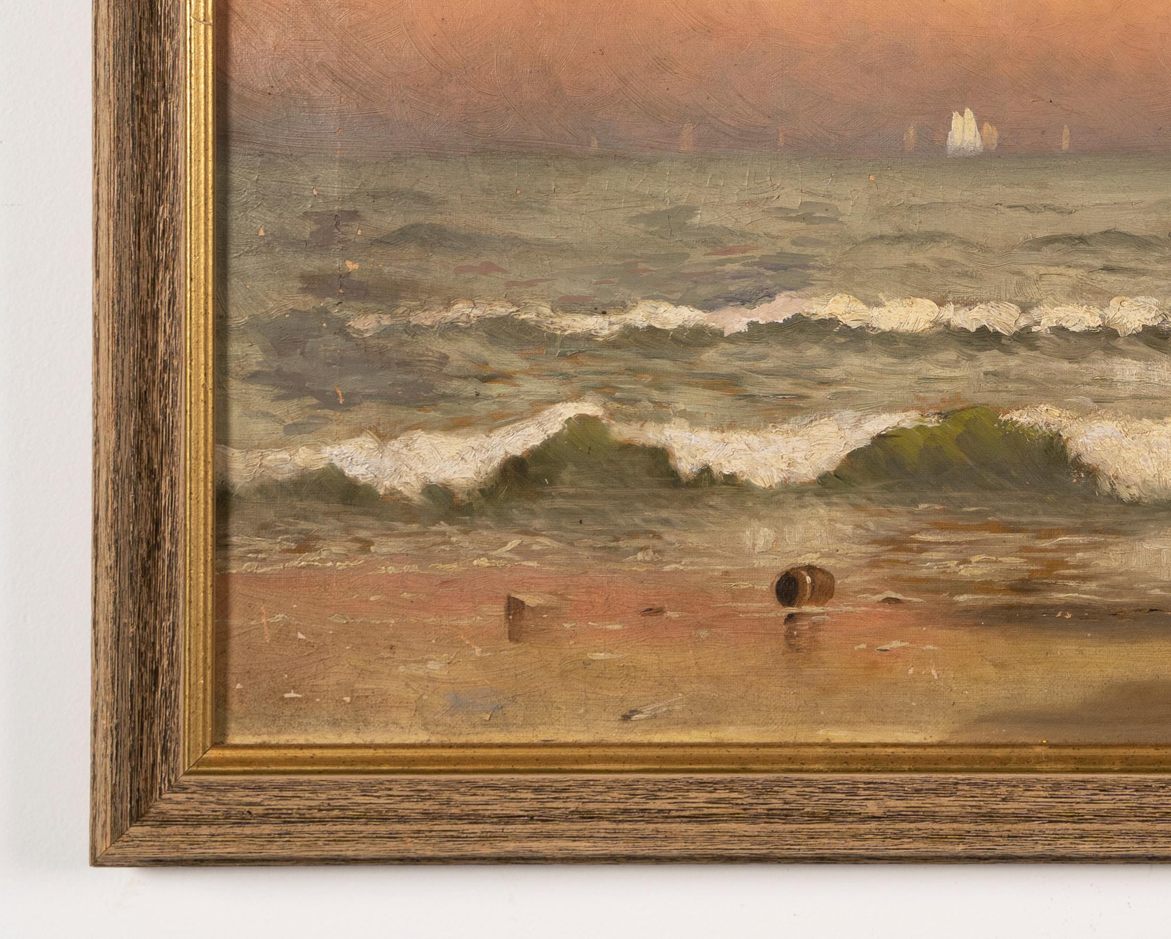 Antique American Hudson River School coastal sunset beach oil painting.  Oil on canvas, circa 1880.  No signature found.  Image size, 26L x 16H.  Framed