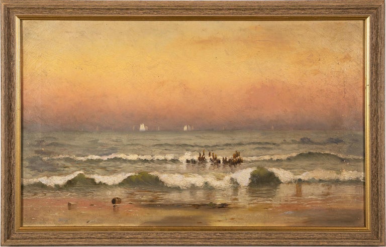 Unknown Landscape Painting - Antique Hudson River School East Hampton Beach Sunset Landscape Oil Painting