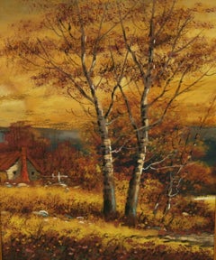 Antique Hudson River School Fall Landscape Gouache Painting 1910