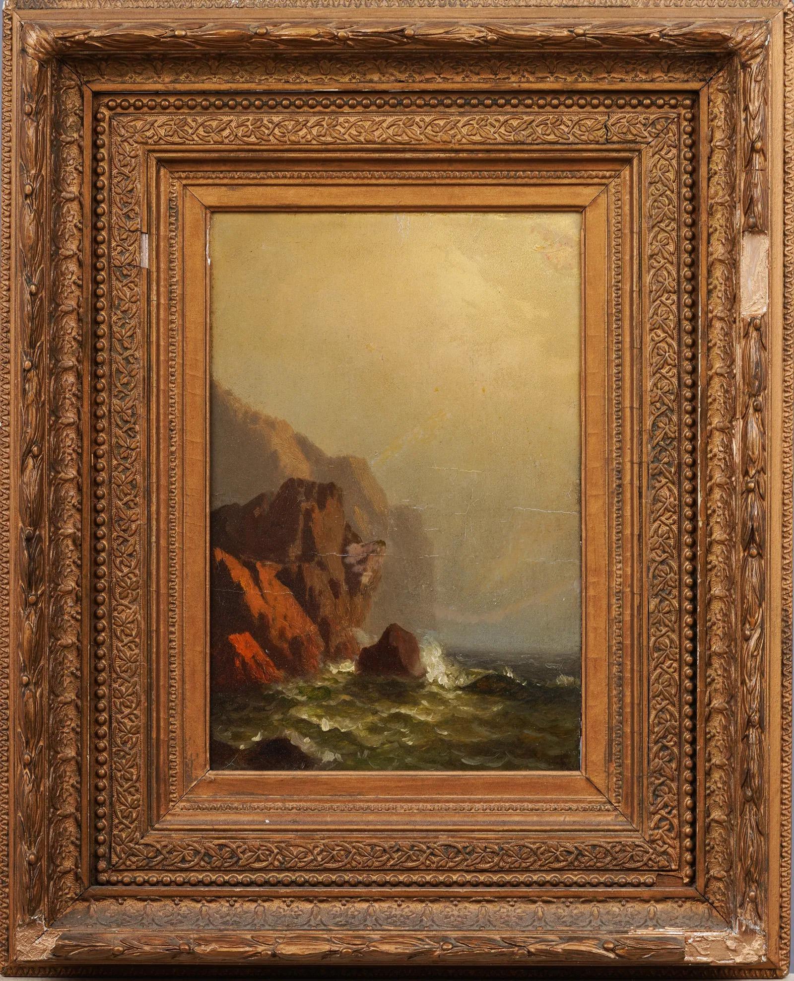 Antique Hudson River School Framed Coastal Luminous Seascape Oil Painting - Brown Landscape Painting by Unknown