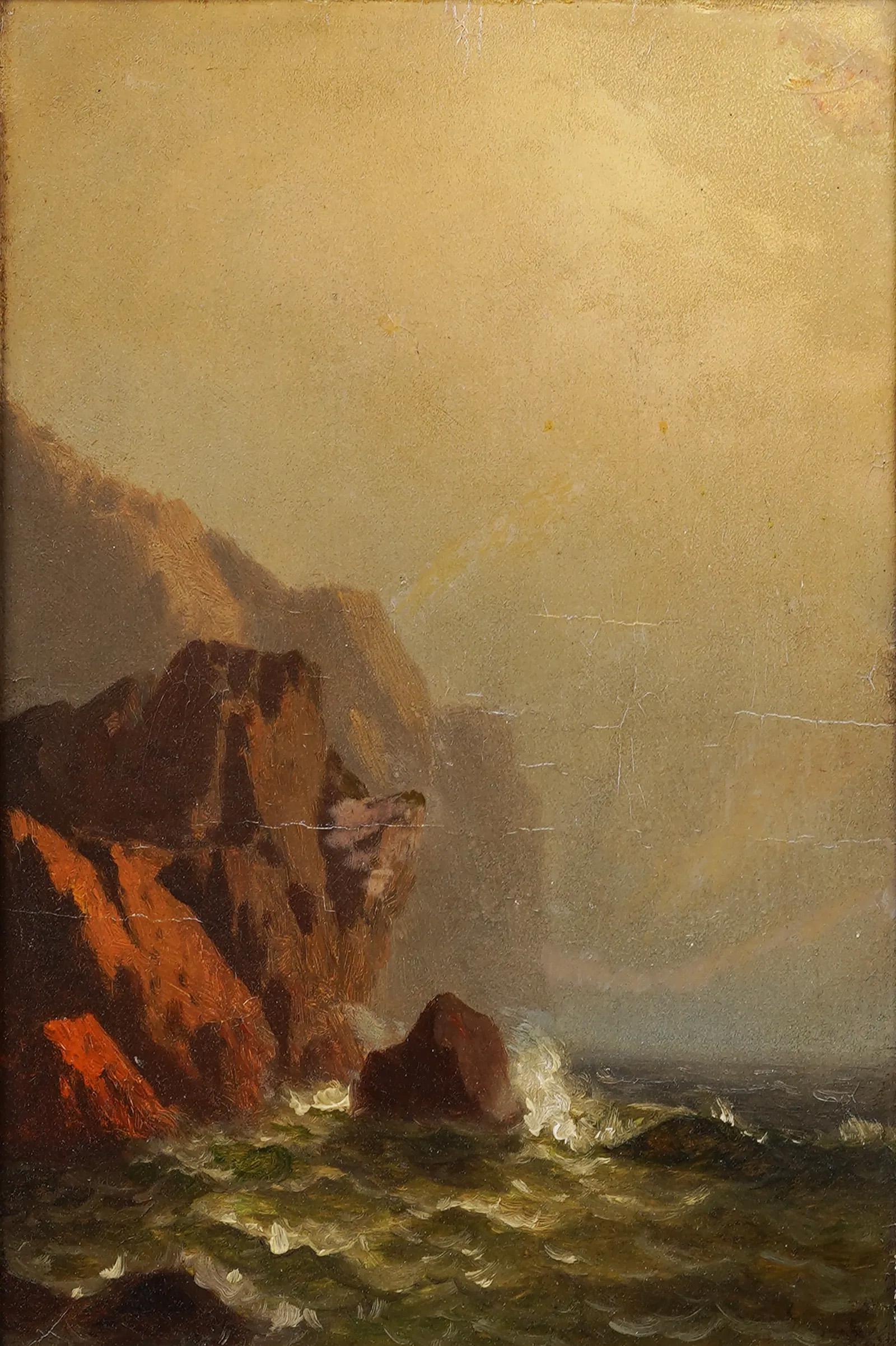 Antique American Hudson River School coastal seascape.  Most likely a view of Maine.  Oil on board.  Image size, 8 by 12 inches.