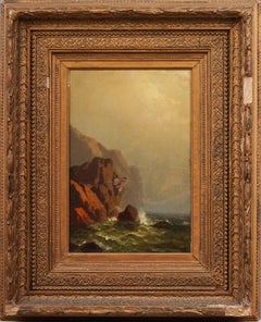 Antico dipinto ad olio della Scuola del fiume Hudson con cornice, paesaggio marino luminoso e costiero