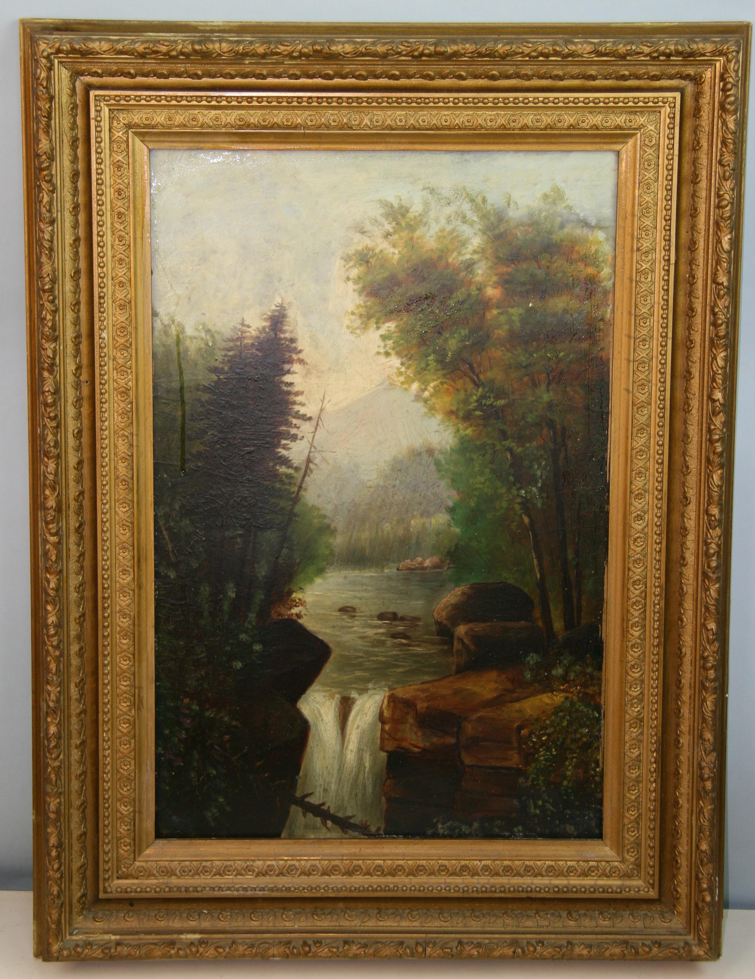 Antique Hudson River School Landscape Oil Painting - Brown Landscape Painting by Unknown