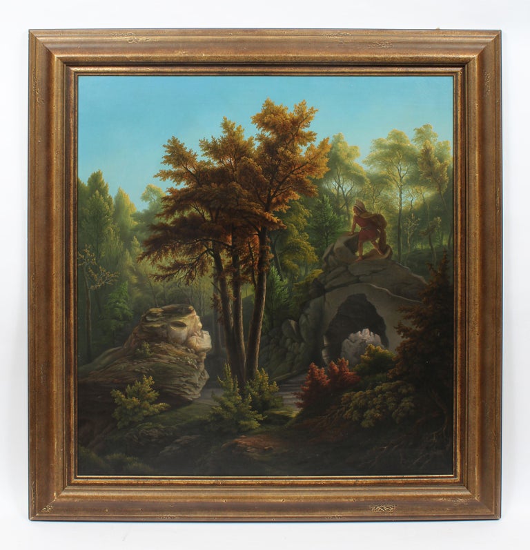 Antique Hudson River School Native American Indian Forest Landscape Oil Painting - Black Landscape Painting by Unknown