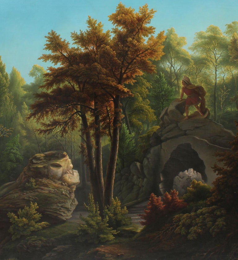 Antique Hudson River School Native American Indian Forest Landscape Oil Painting For Sale 1