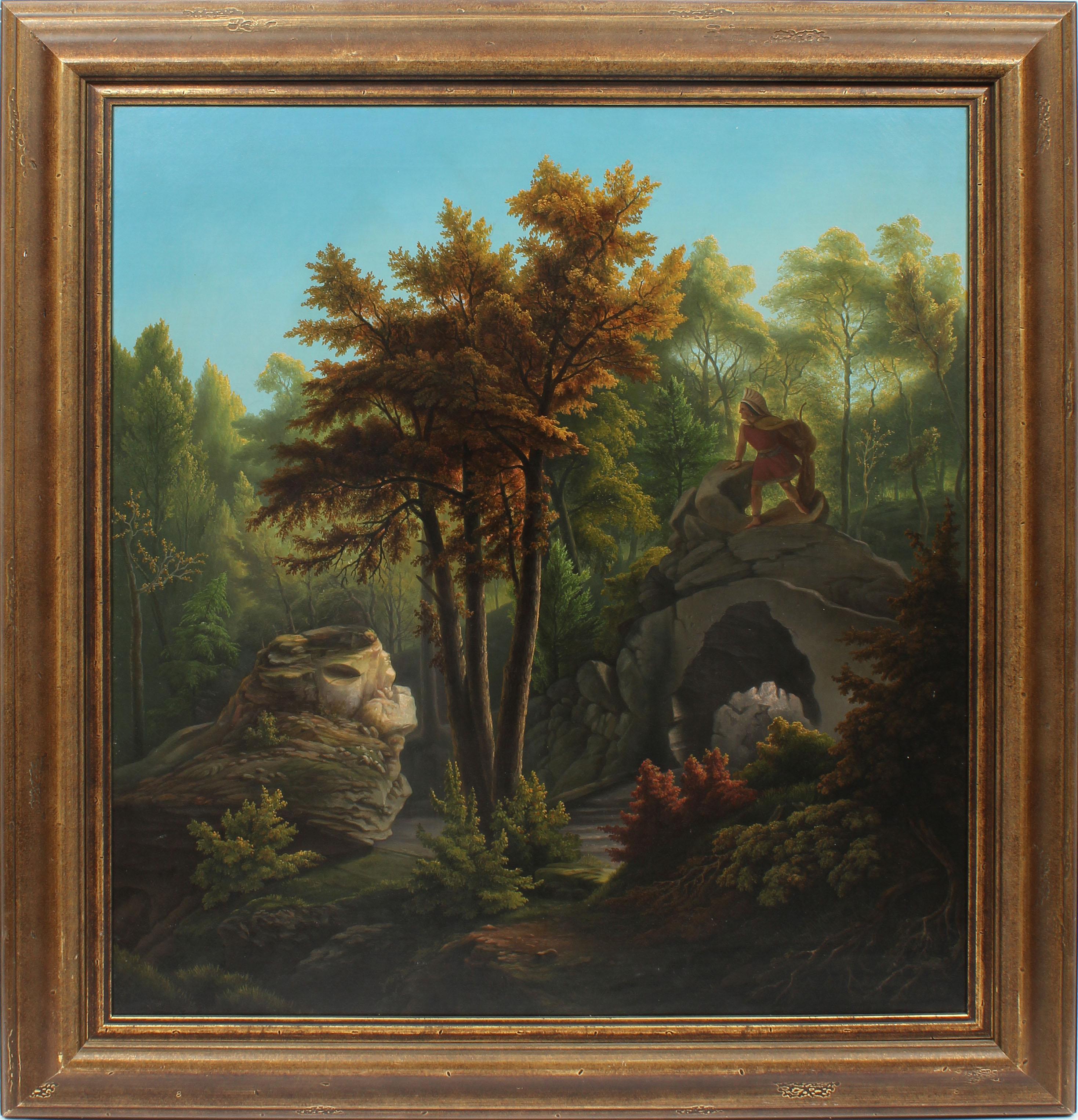 Antique Hudson River School Native American Indian Forest Landscape Oil Painting