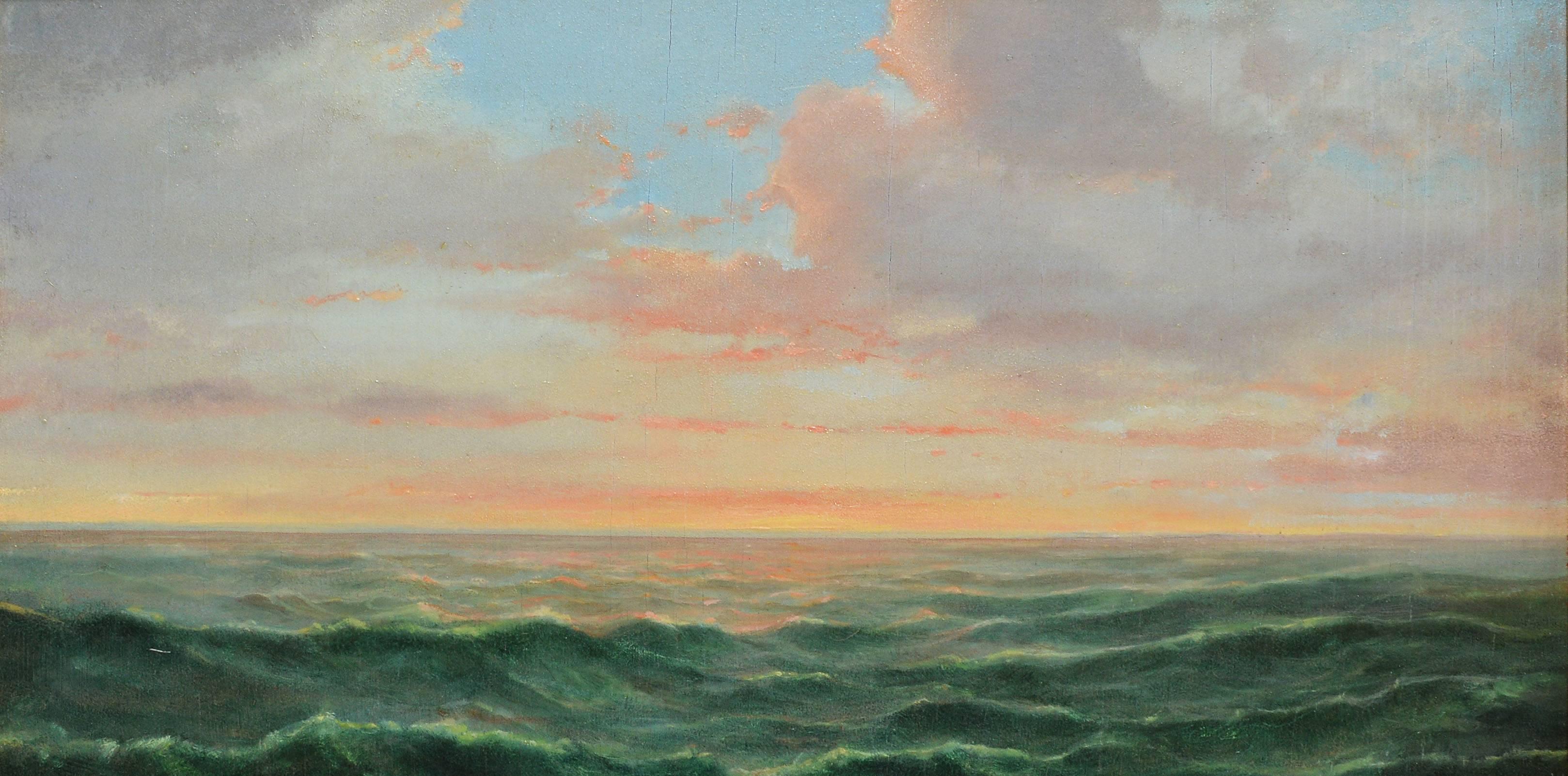 Realist view of a sunset seascape.  Oil on board, circa 1890.  Unsigned.  Displayed in a contemporary giltwood frame.  Image size, 15.5
