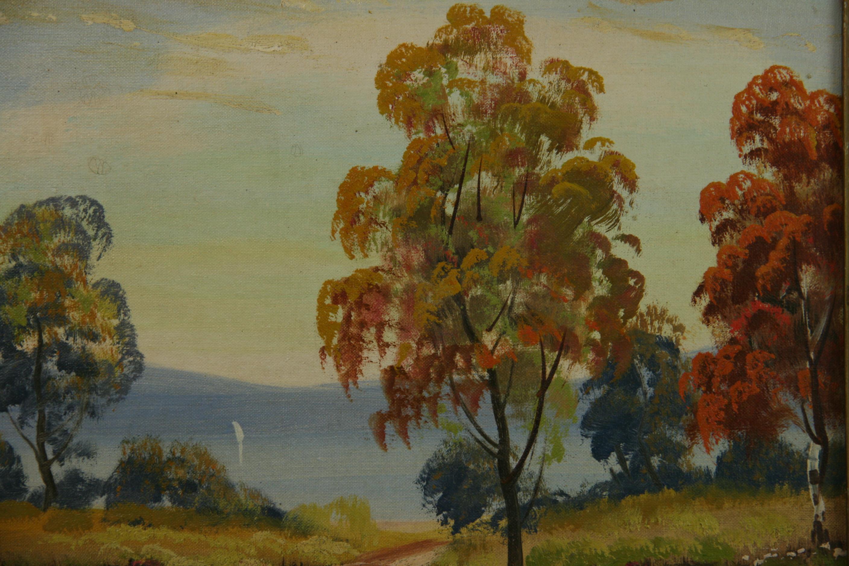 Antike HudsonRiver School  Seeblick  Landschaft 1920 (Braun), Landscape Painting, von Unknown