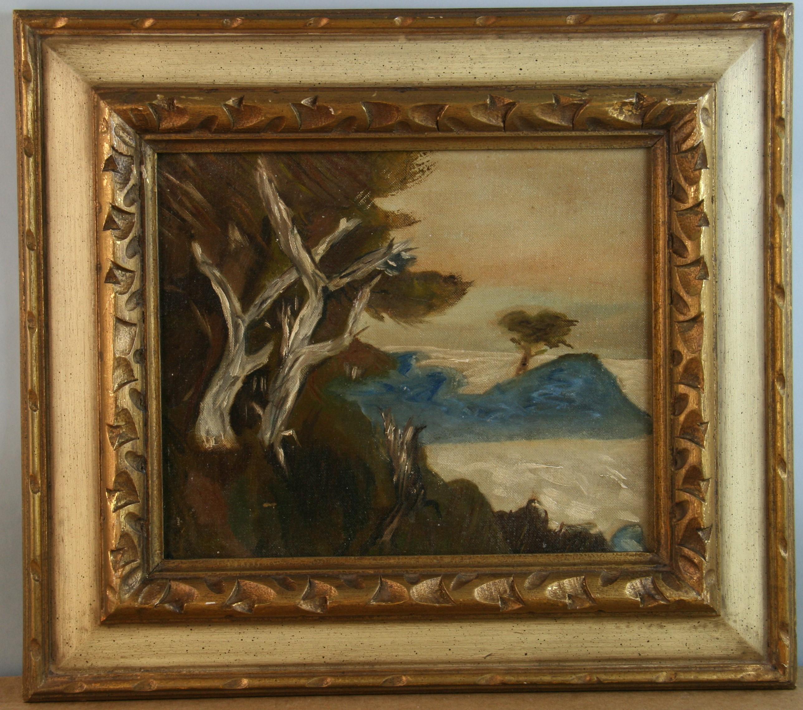 Antique American Impressionist Beach Scene Scene Original Framed Oil Painting - Brown Landscape Painting by Unknown