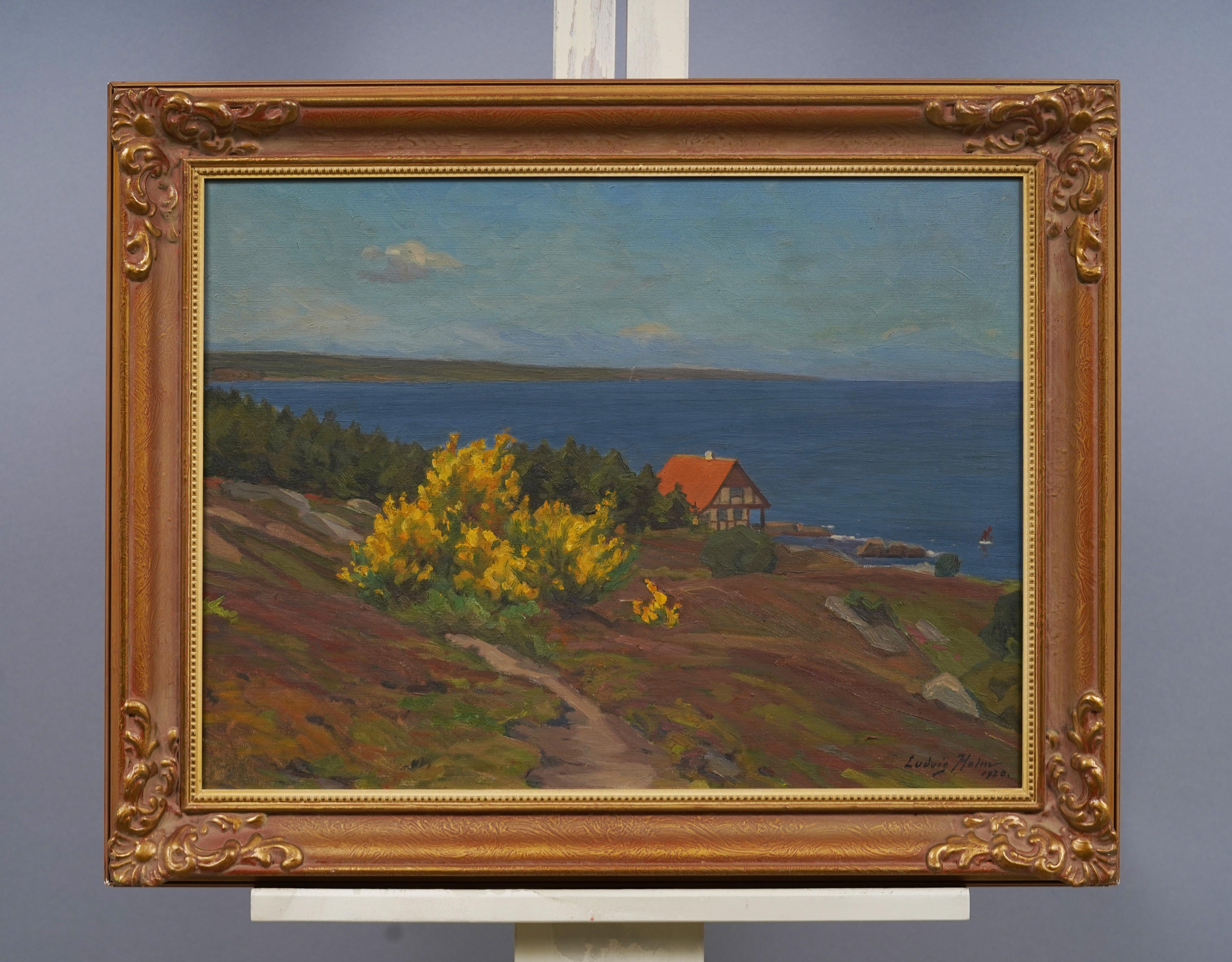 Antike impressionistische Küsten- und Meereslandschaft mit Wildblumen-Landschaft, gerahmtes Ölgemälde (Impressionismus), Painting, von Unknown