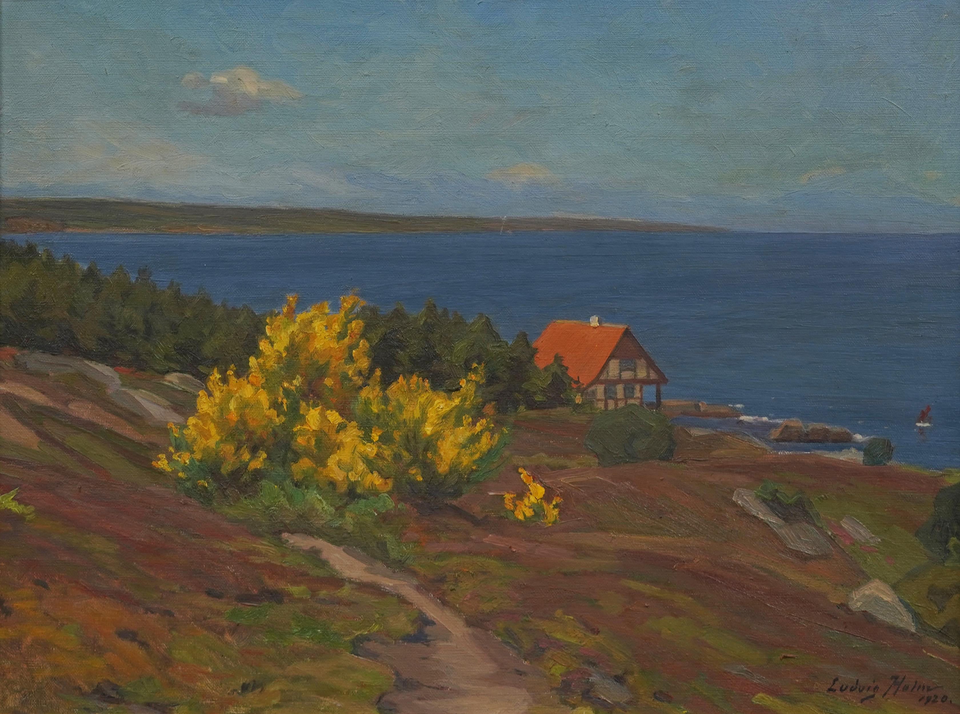 Antikes amerikanisches impressionistisches Gemälde einer Küstenlandschaft.  Öl auf Leinwand.  Gerahmt.  Unterschrieben.