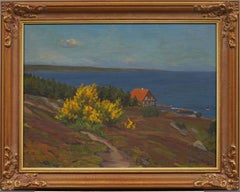 Peinture à l'huile impressionniste ancienne, paysage marin côtier, fleurs sauvages, encadrée