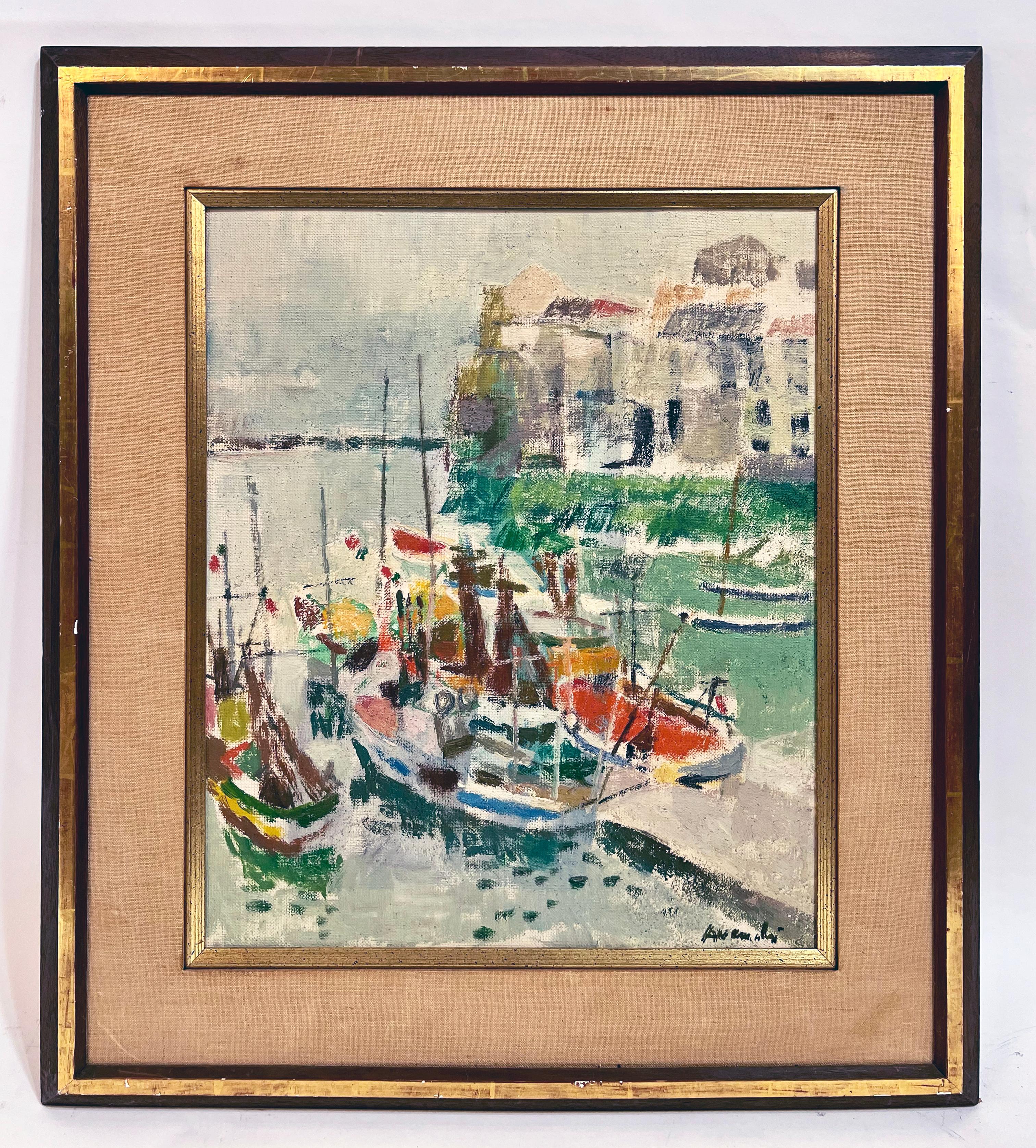 Antikes Original gerahmtes Ölgemälde der Küste, signiert, Impressionistischer europäischer Hafen – Painting von Unknown