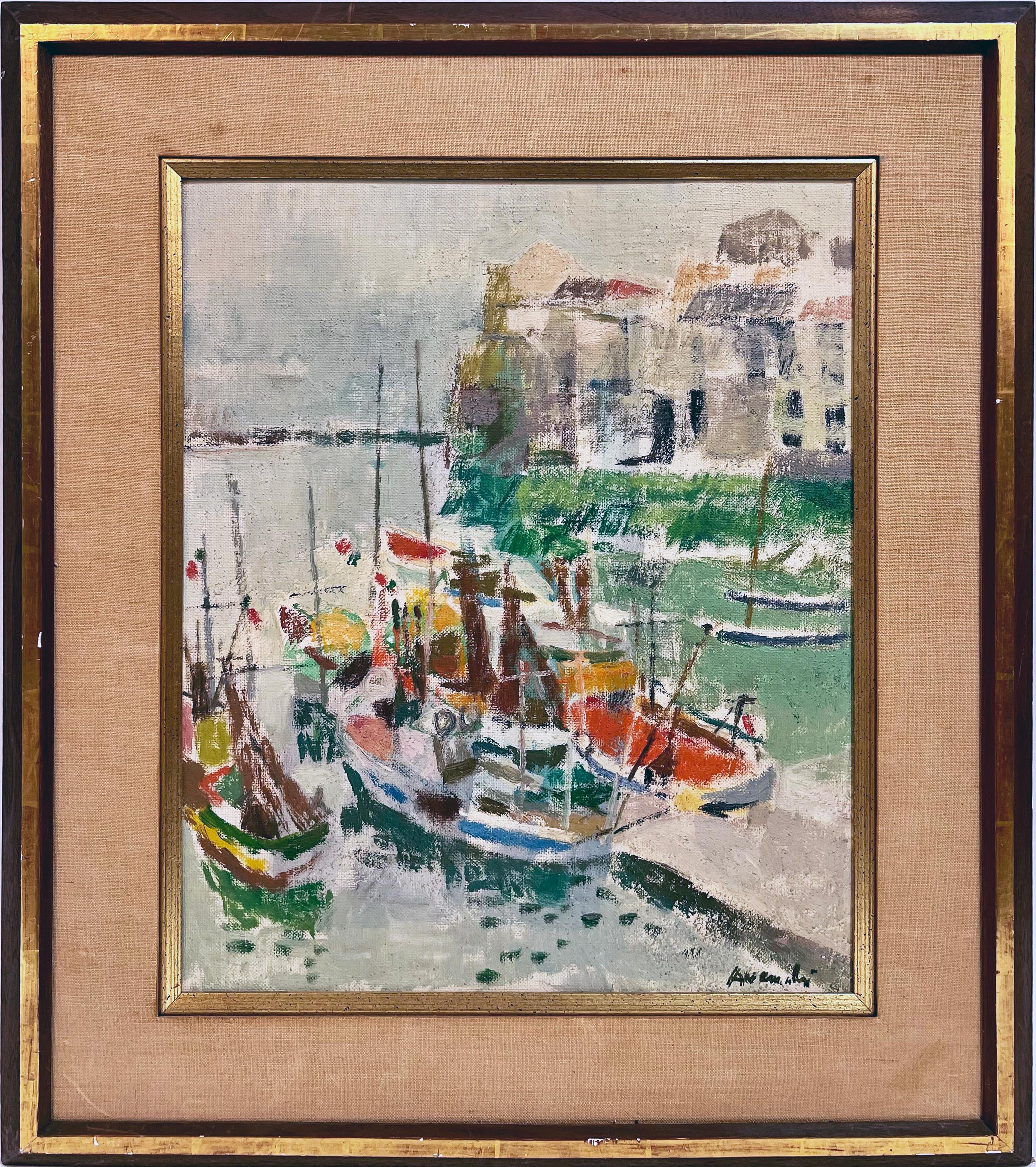 Antique Impressionist European Harbor Signed Original Framed Coast Oil Painting - Brown Abstract Painting by Unknown