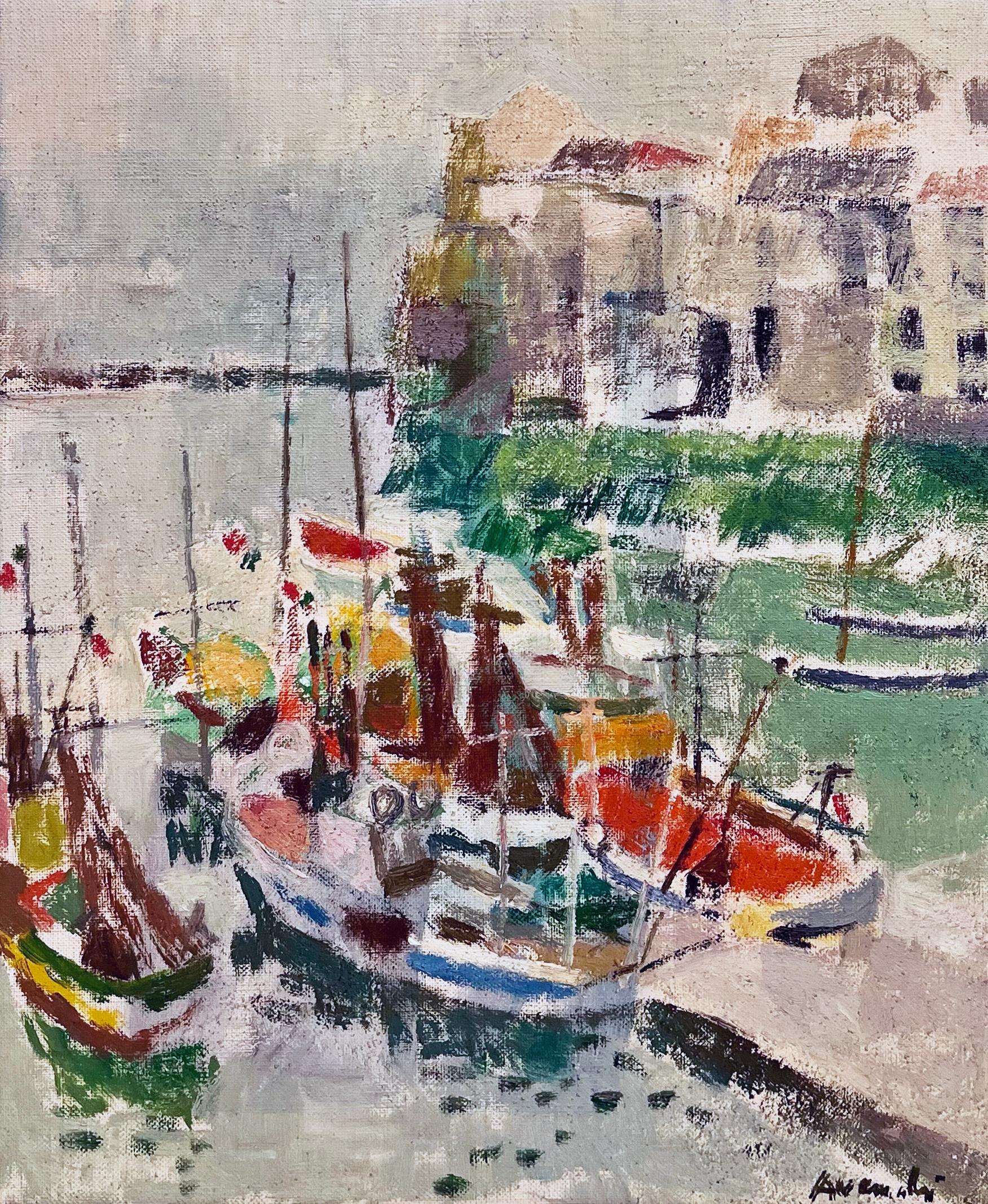 Antique European impressionist harbor oil painting.  Oil on board, circa 1920.  Signed.  Framed.  Image size, 15
