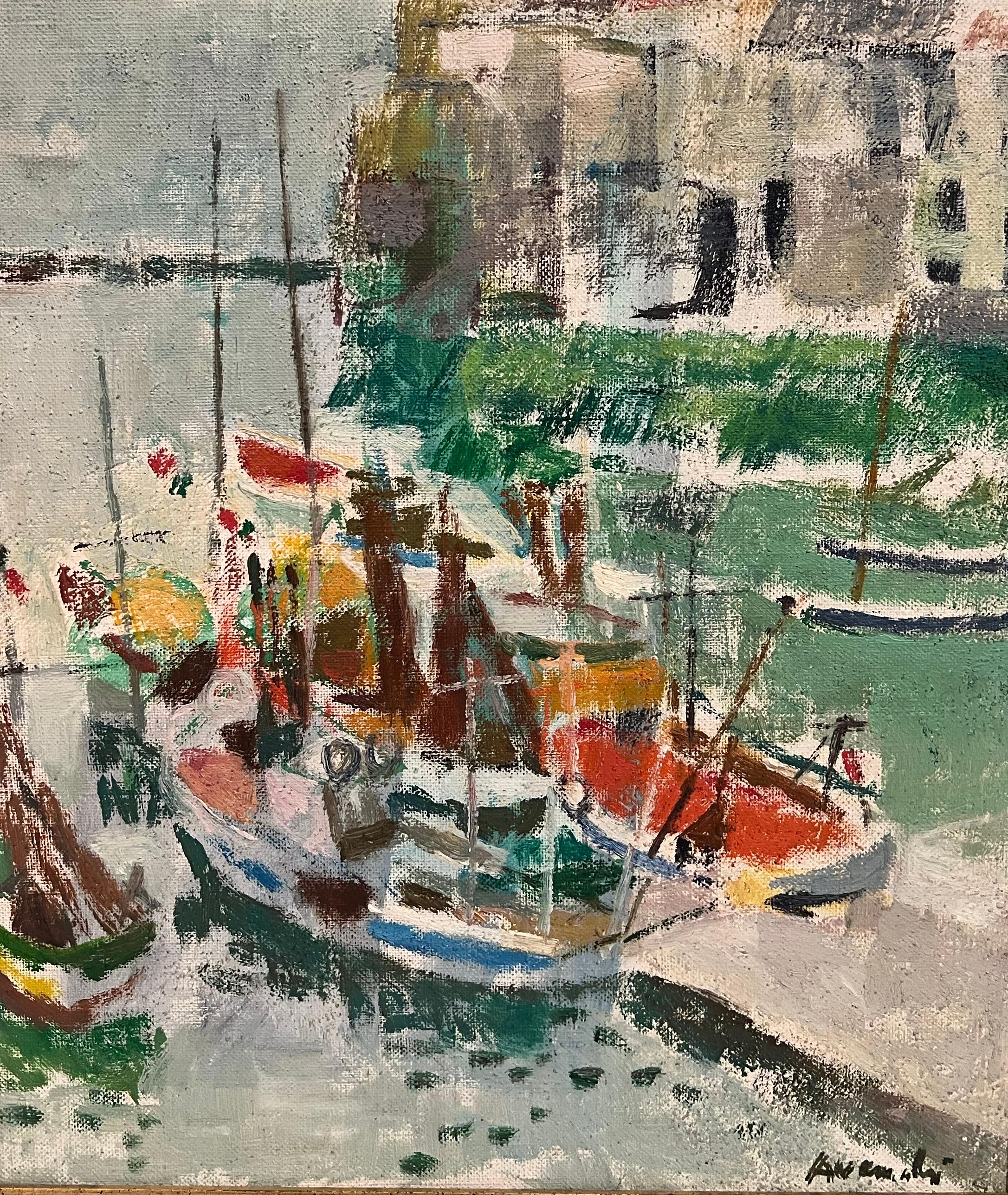 Antique European impressionist harbor oil painting.  Oil on board, circa 1920.  Signé.  Encadré.  Image size, 15