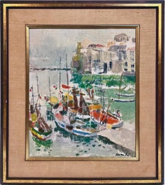 Ancienne peinture à l'huile d'origine d'un port européen impressionniste, encadrée, signée