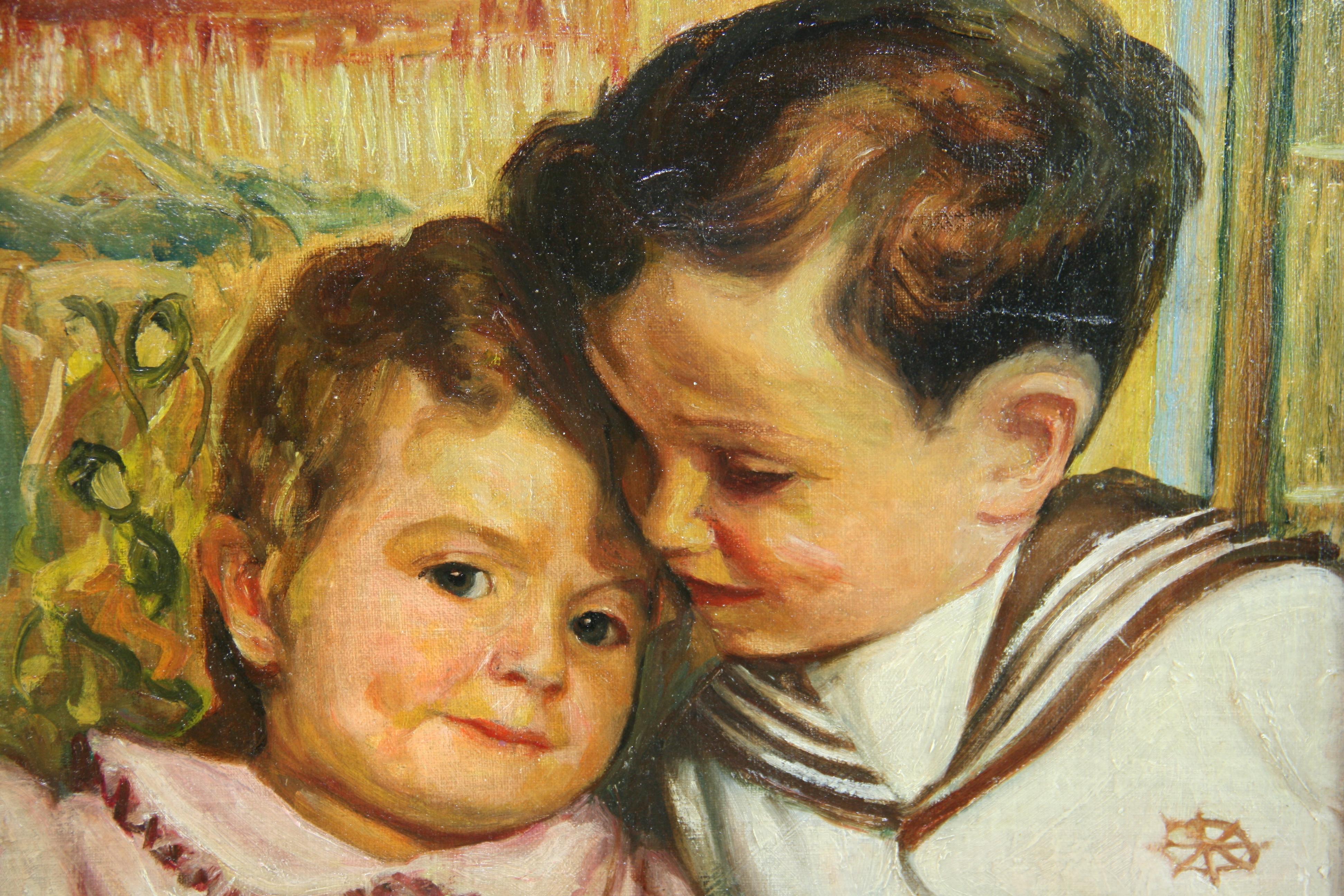 Antique Impressionist Figural Oil painting Brother and Sister Together 1950's - Painting by Unknown