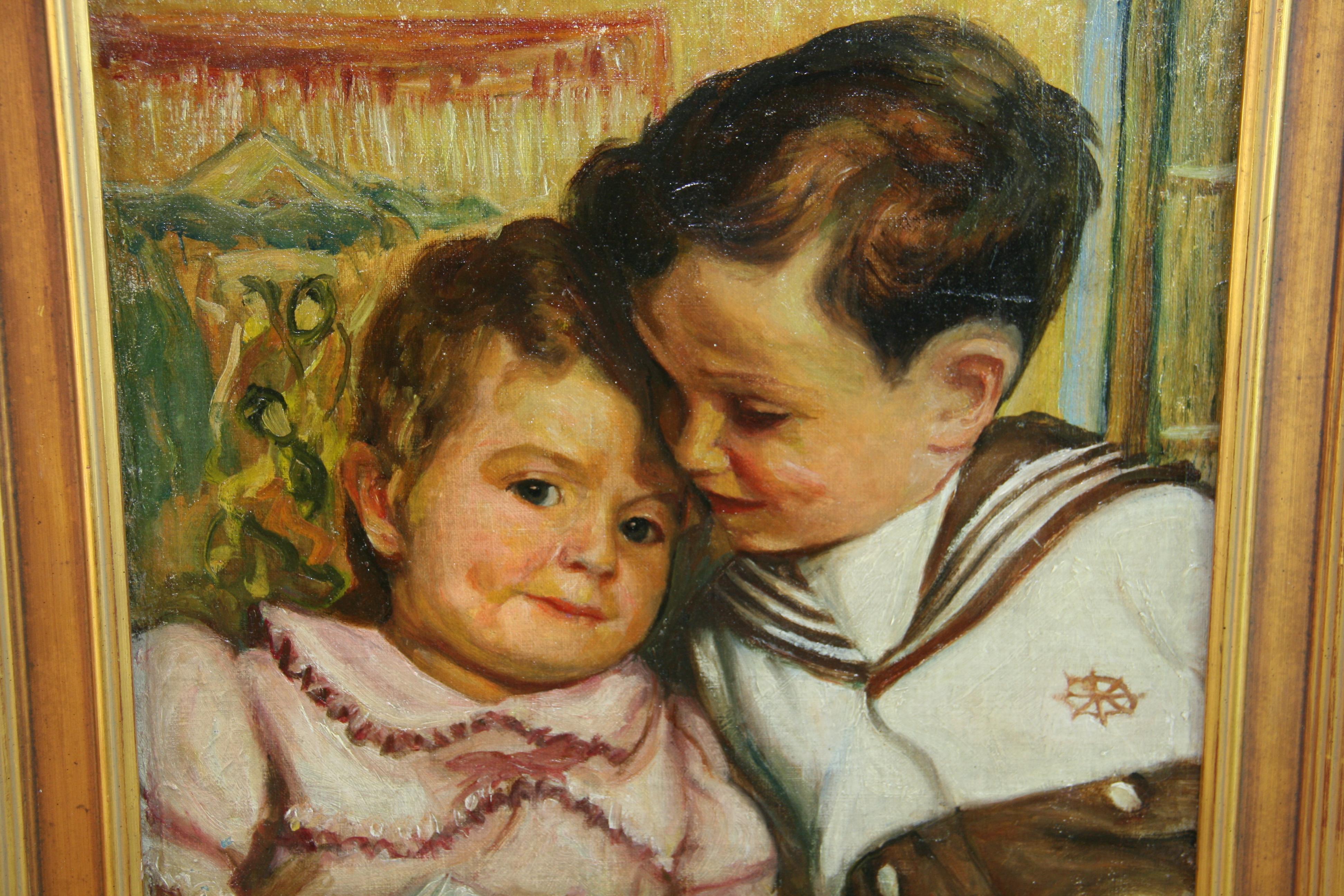 Antique Impressionist Figural Oil painting Brother and Sister Together 1950's - Brown Figurative Painting by Unknown