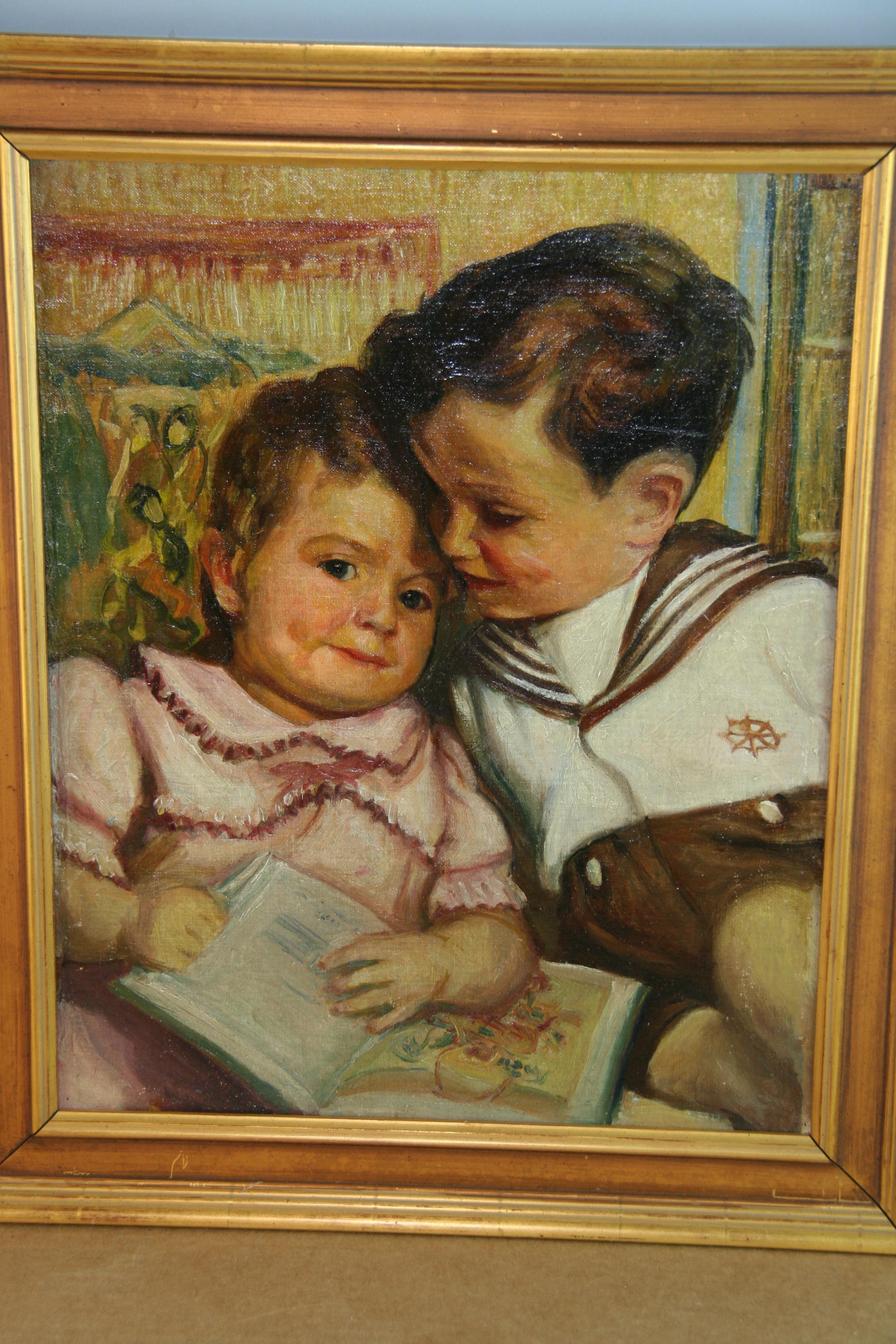 Antique Impressionist Figural Oil painting Brother and Sister Together 1950's For Sale 1