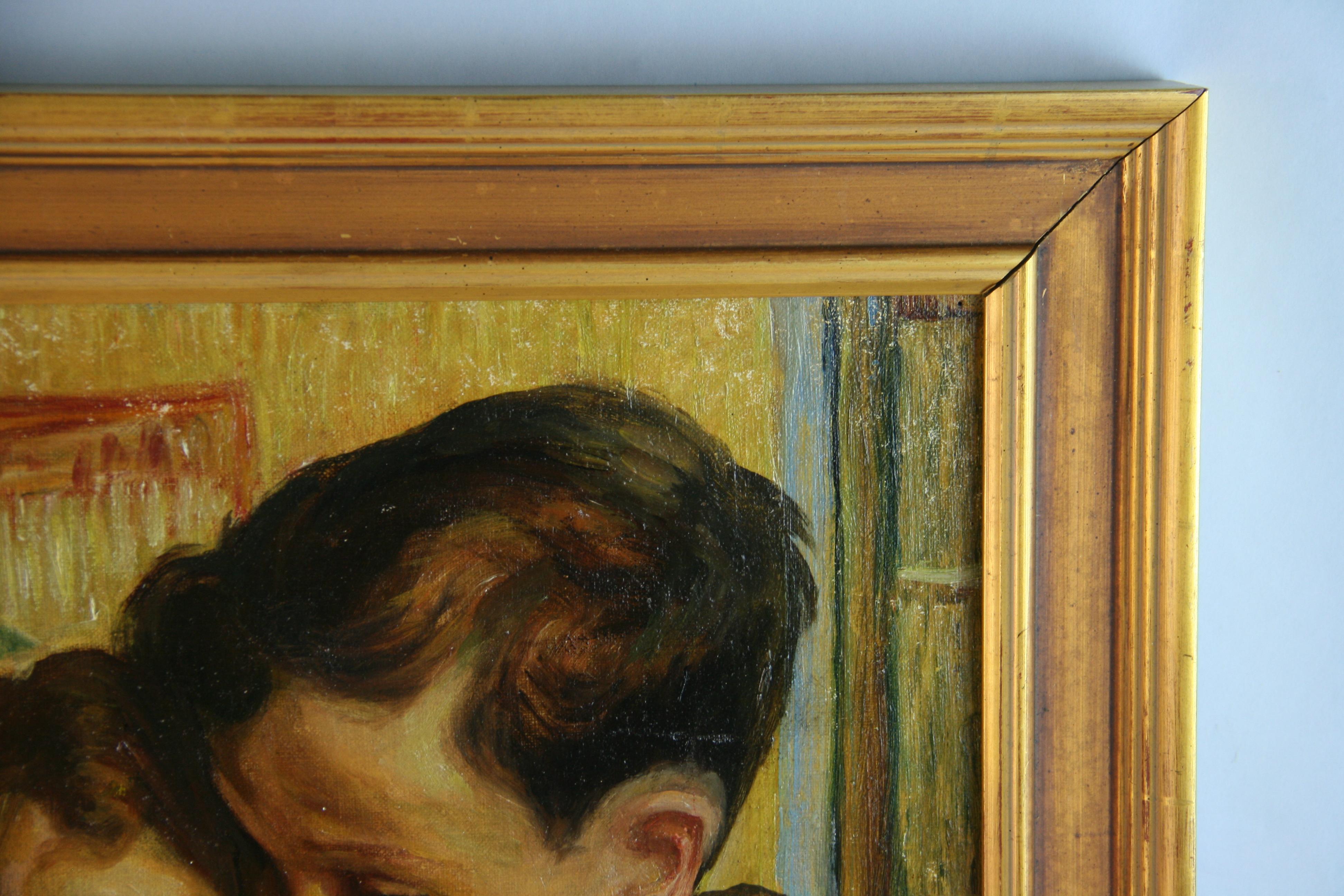 Antique Impressionist Figural Oil painting Brother and Sister Together 1950's For Sale 3