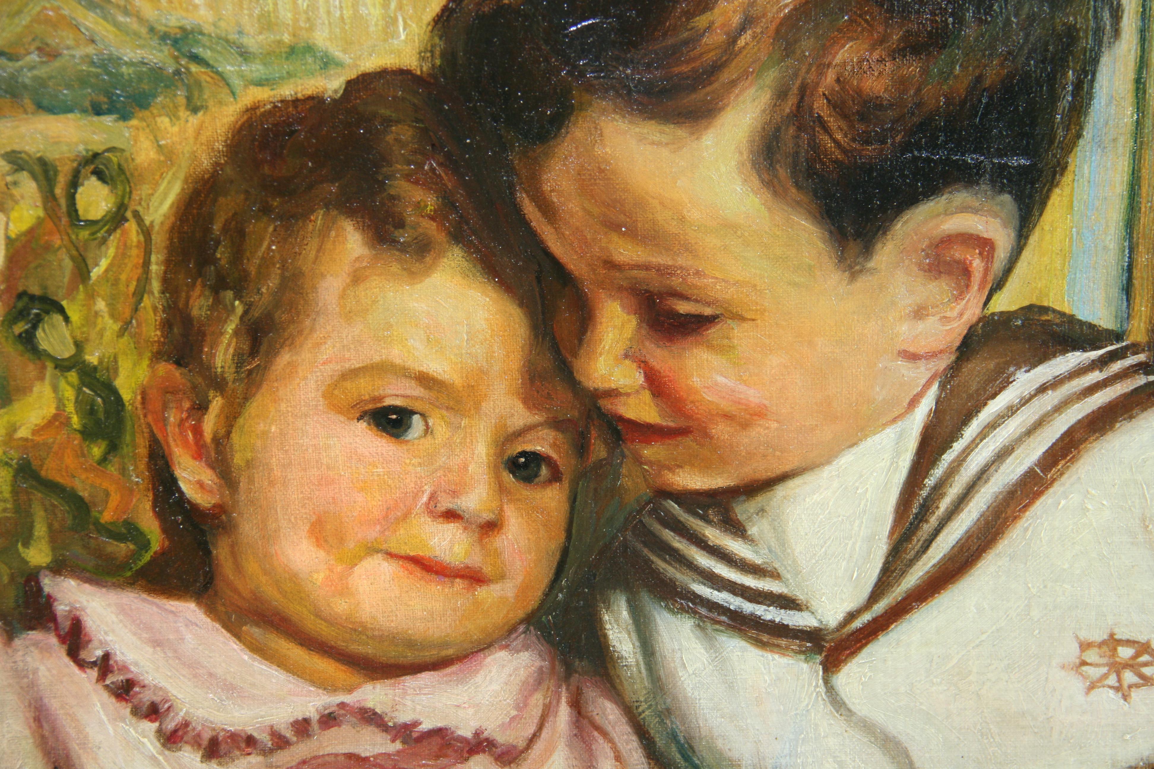 Antique Impressionist Figural Oil painting Brother and Sister Together 1950's For Sale 4