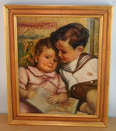 Antique Impressionist Figural Oil painting Brother and Sister Together 1950's
