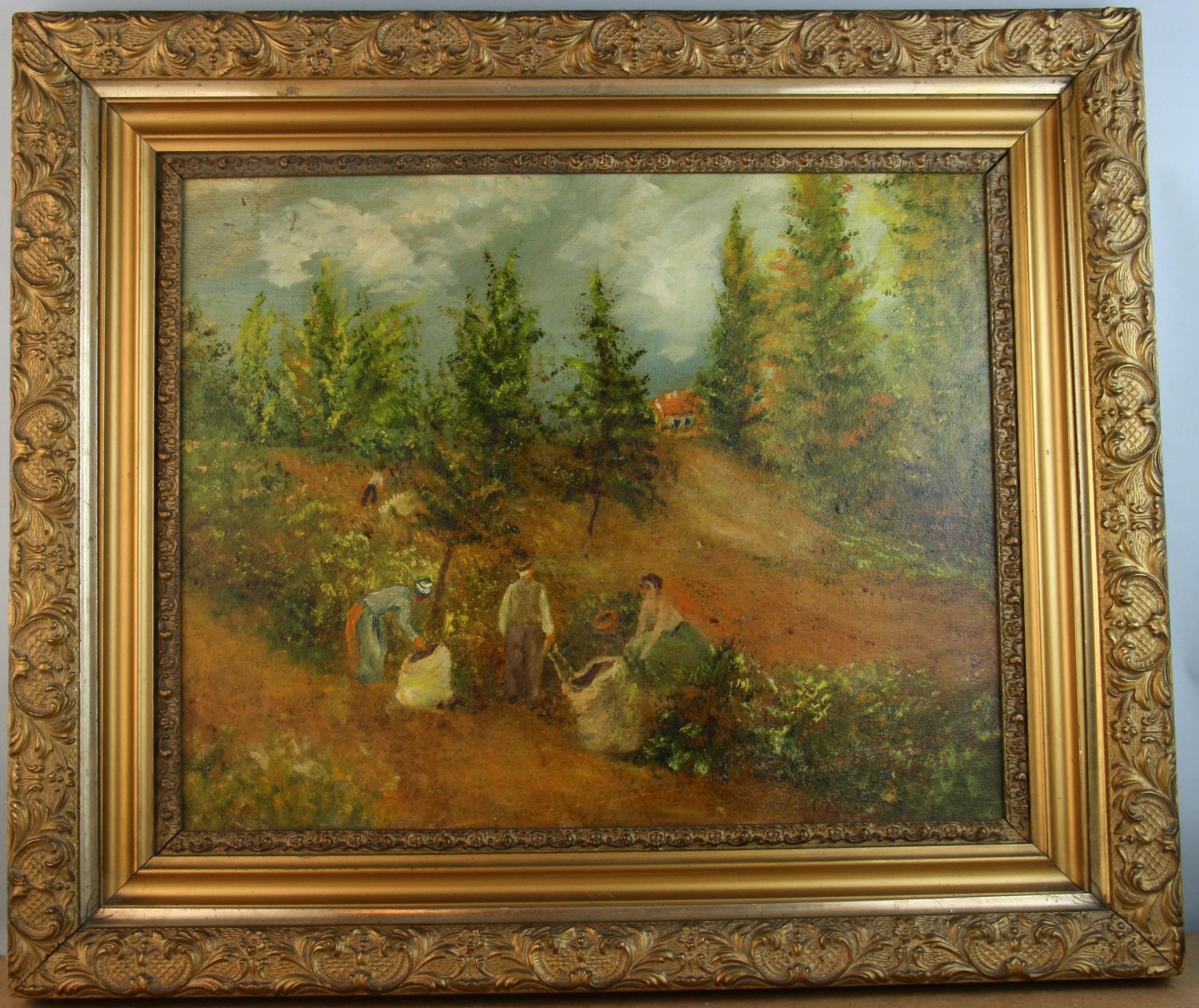 3910B  Antique oil landscape people working in a beau colic field .
Set in a 19th C gilt frame
Image size 16x20