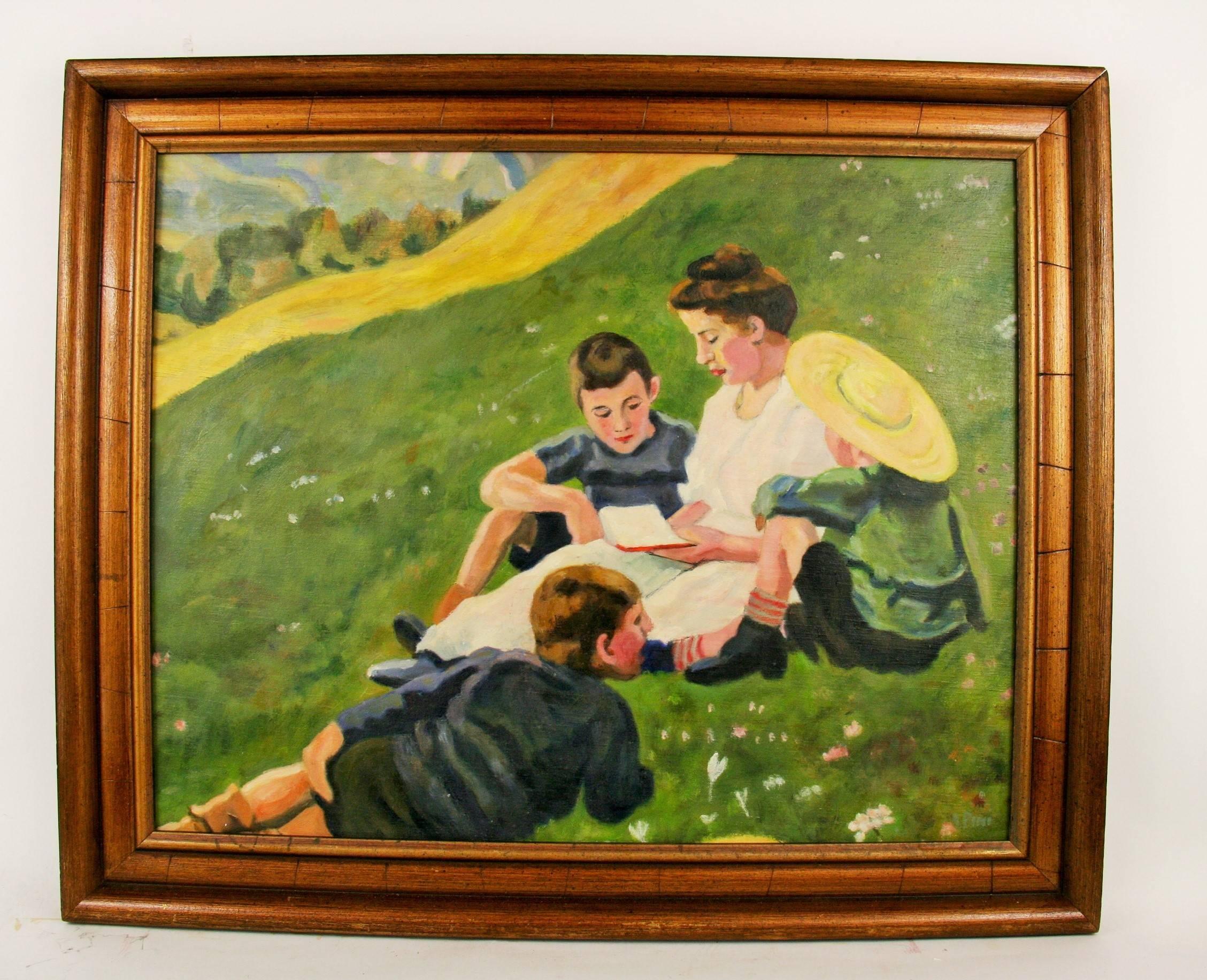 Unknown Figurative Painting -   Antique Scandinavian  Figurative Landscape  Painting Mother with Children1940