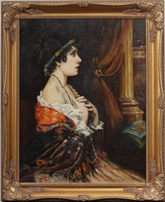Antique Impressionist Framed Opera Scene Elegant Woman Portrait Oil Painting