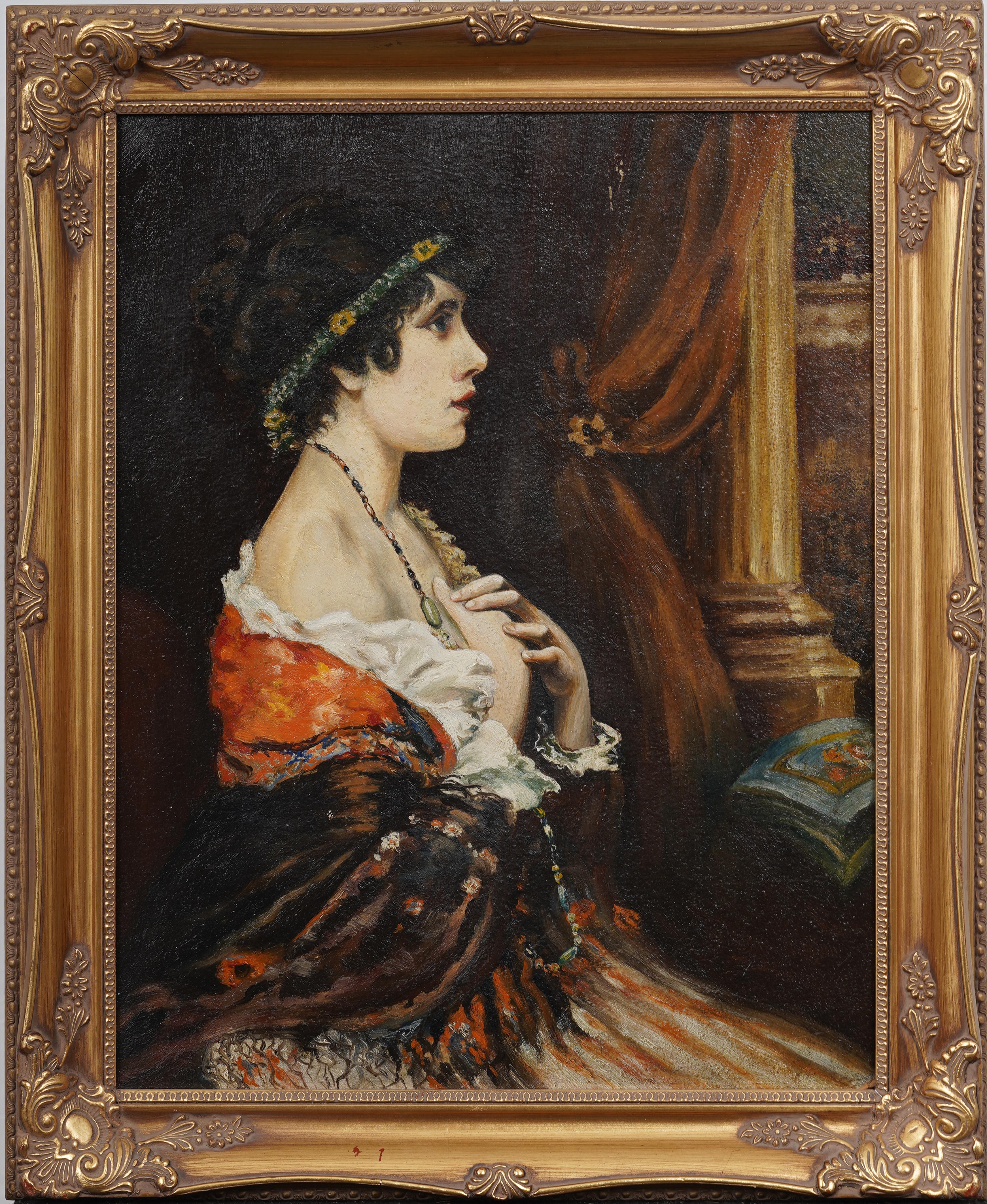 Landscape Painting di Unknown - Pittura antica impressionista con cornice Scena d'opera Donna elegante ritratto ad olio