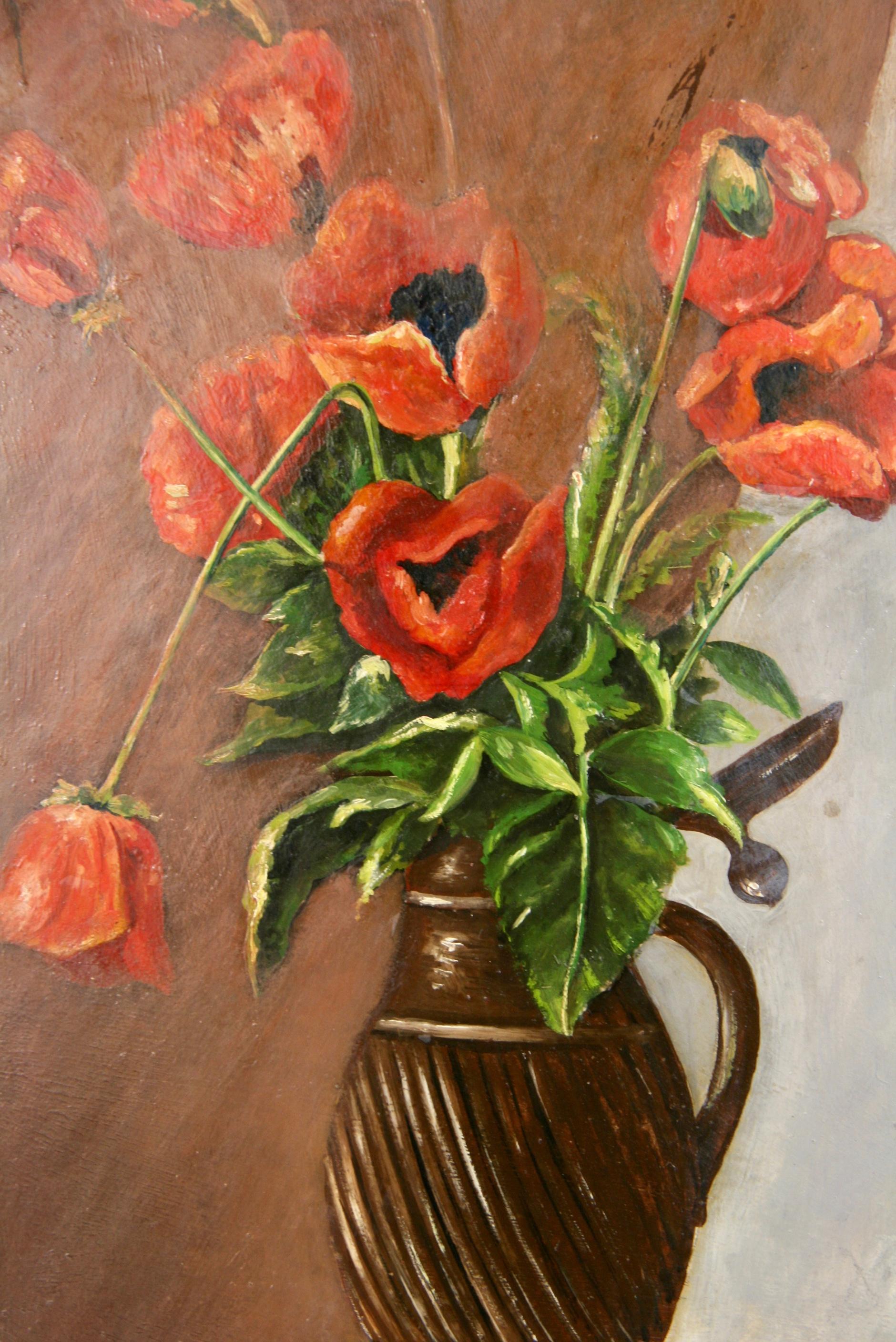 Amapolas Impresionistas Antiguas En Un Jarrón  Escena interior   Naturaleza muerta - Painting de Unknown