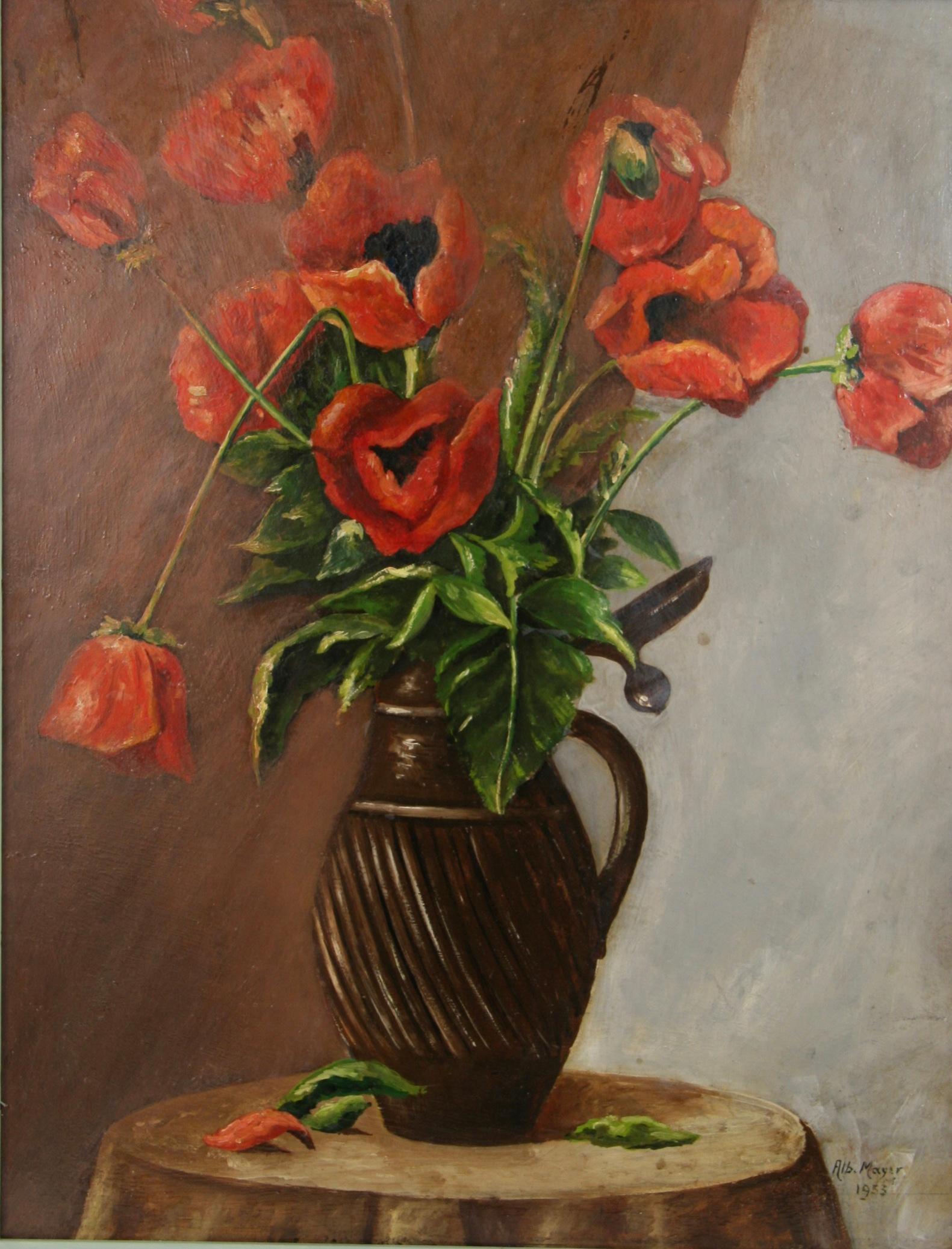 6007 Antiguo bodegón de amapolas,pintura antigua al óleo sobre tabla de artista presentada en un marco de madera nuevo pintado a mano, firmado abajo a la derecha por Alb.Mayer 1953.