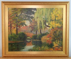 Antique Impressionist Landscape Bridge Crossing by Yonnett 1950