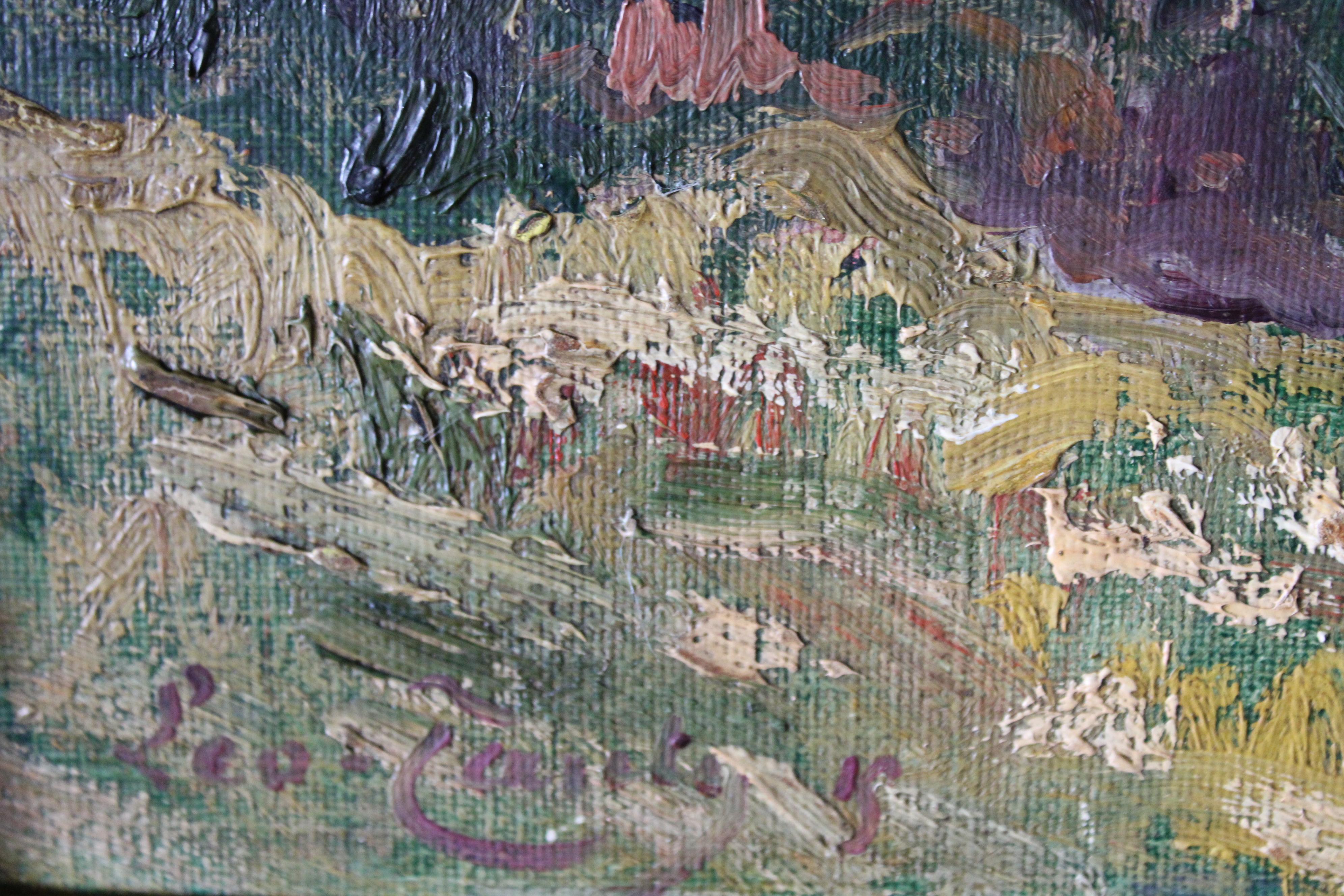 Antique impressionist landscape oil painting of houses on a hillside 6