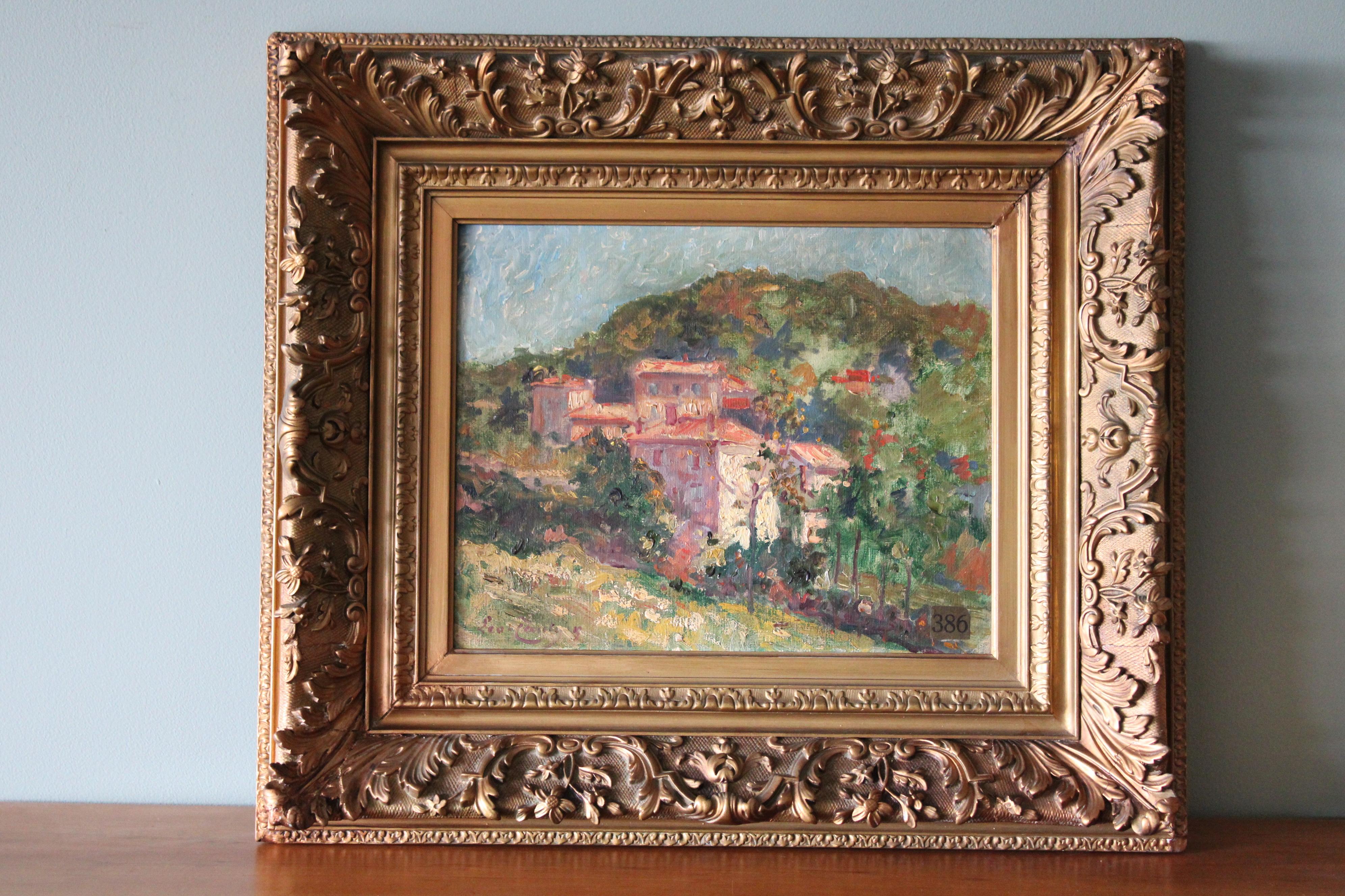 Antique impressionist landscape oil painting of houses on a hillside - Painting by Unknown