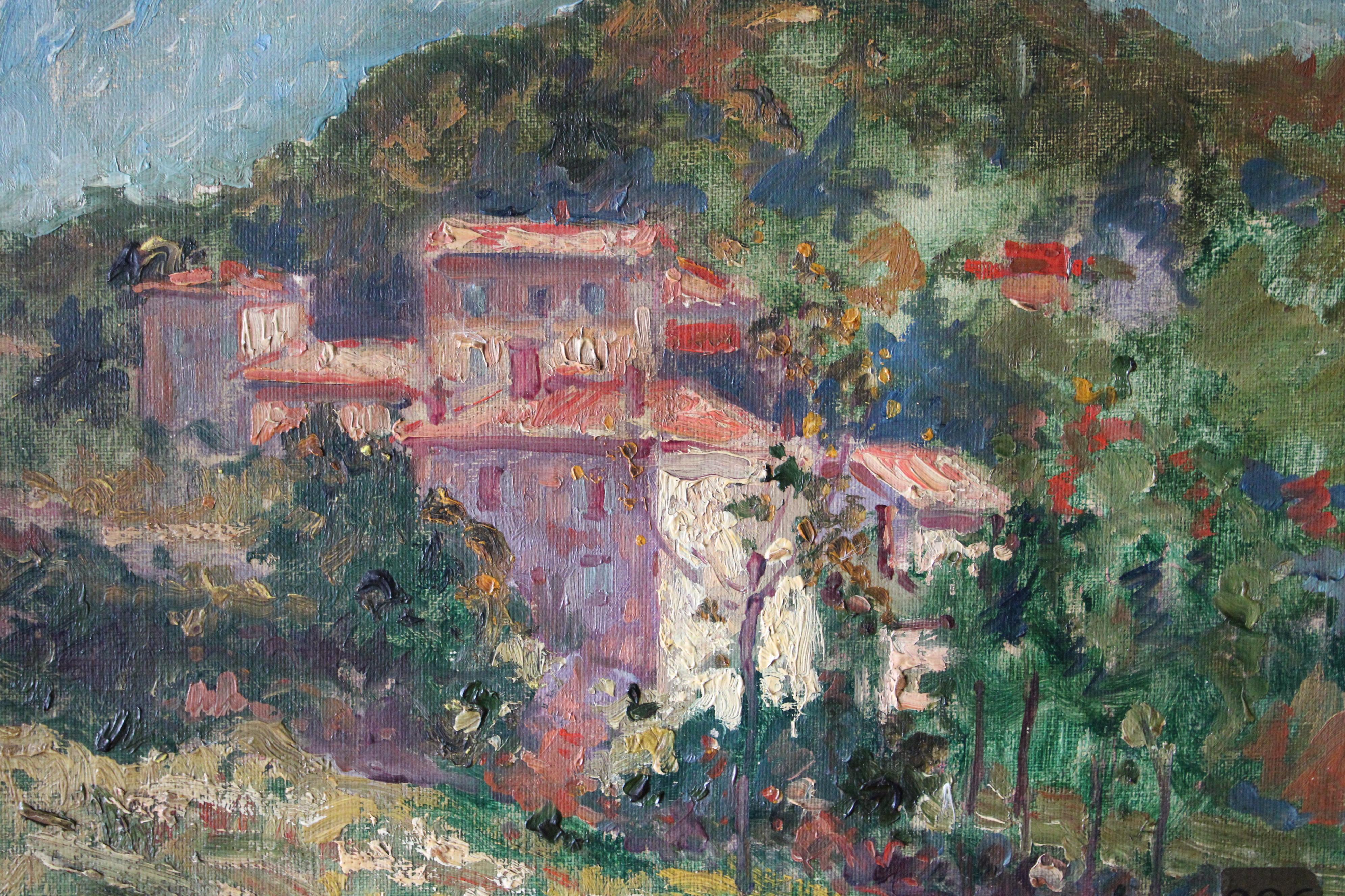 Antique impressionist landscape oil painting of houses on a hillside - Impressionist Painting by Unknown