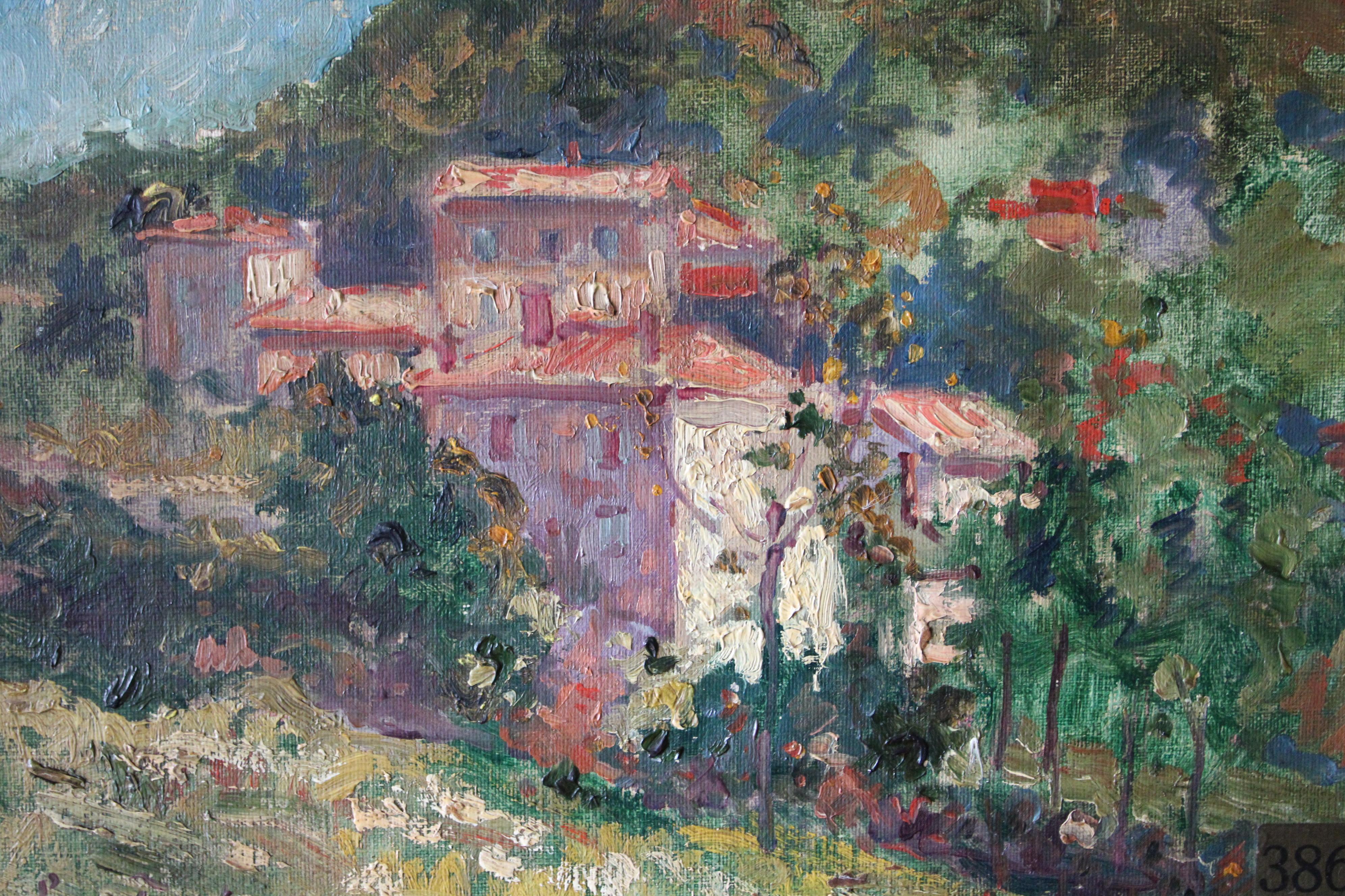 Antique post impressionist landscape oil painting on board in a fabulous old frame.  This stunning Art Deco painting sits within an equally stunning frame.  On a board that is smooth with highlighted textured layers of paint to animate the French