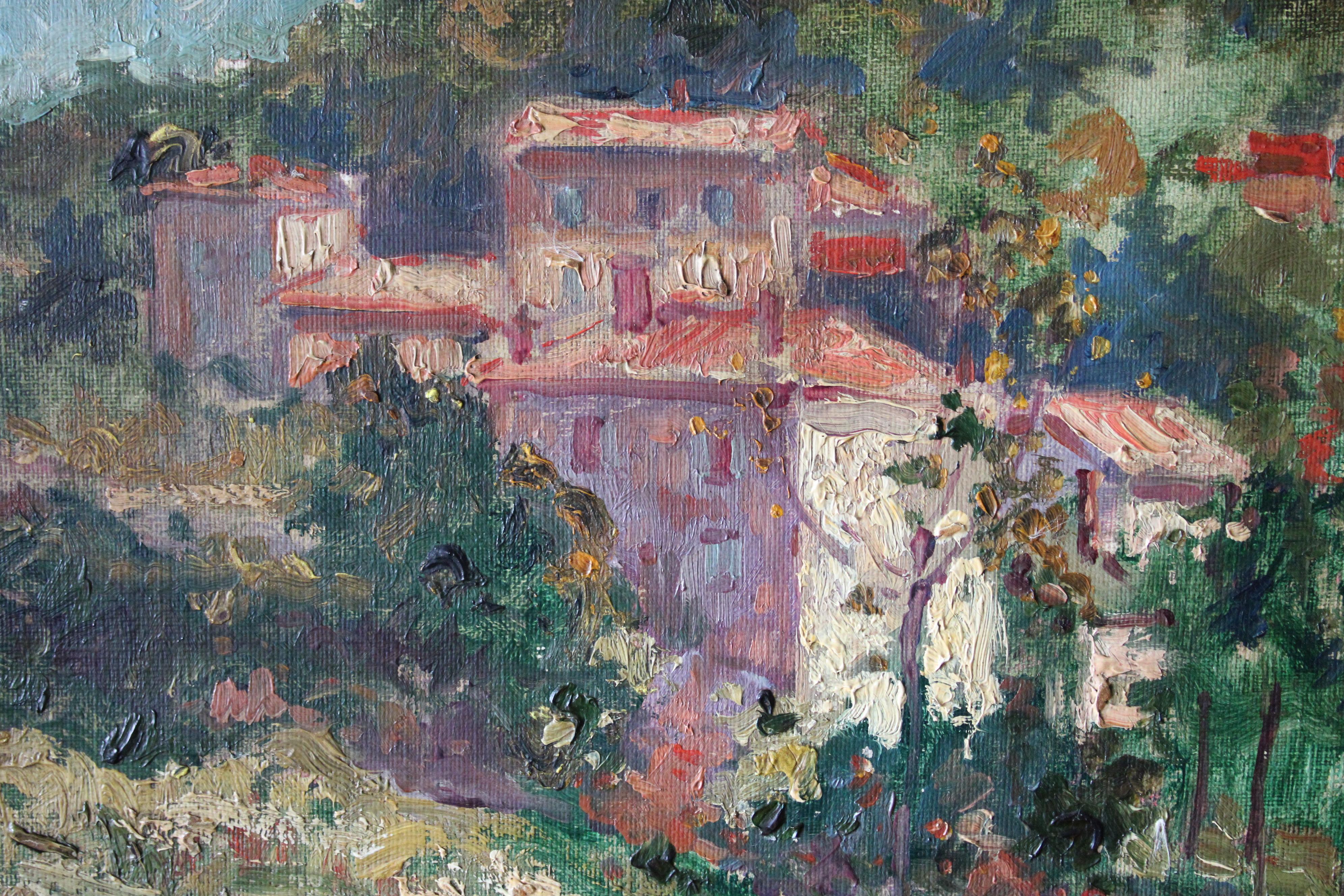 Antique impressionist landscape oil painting of houses on a hillside 1